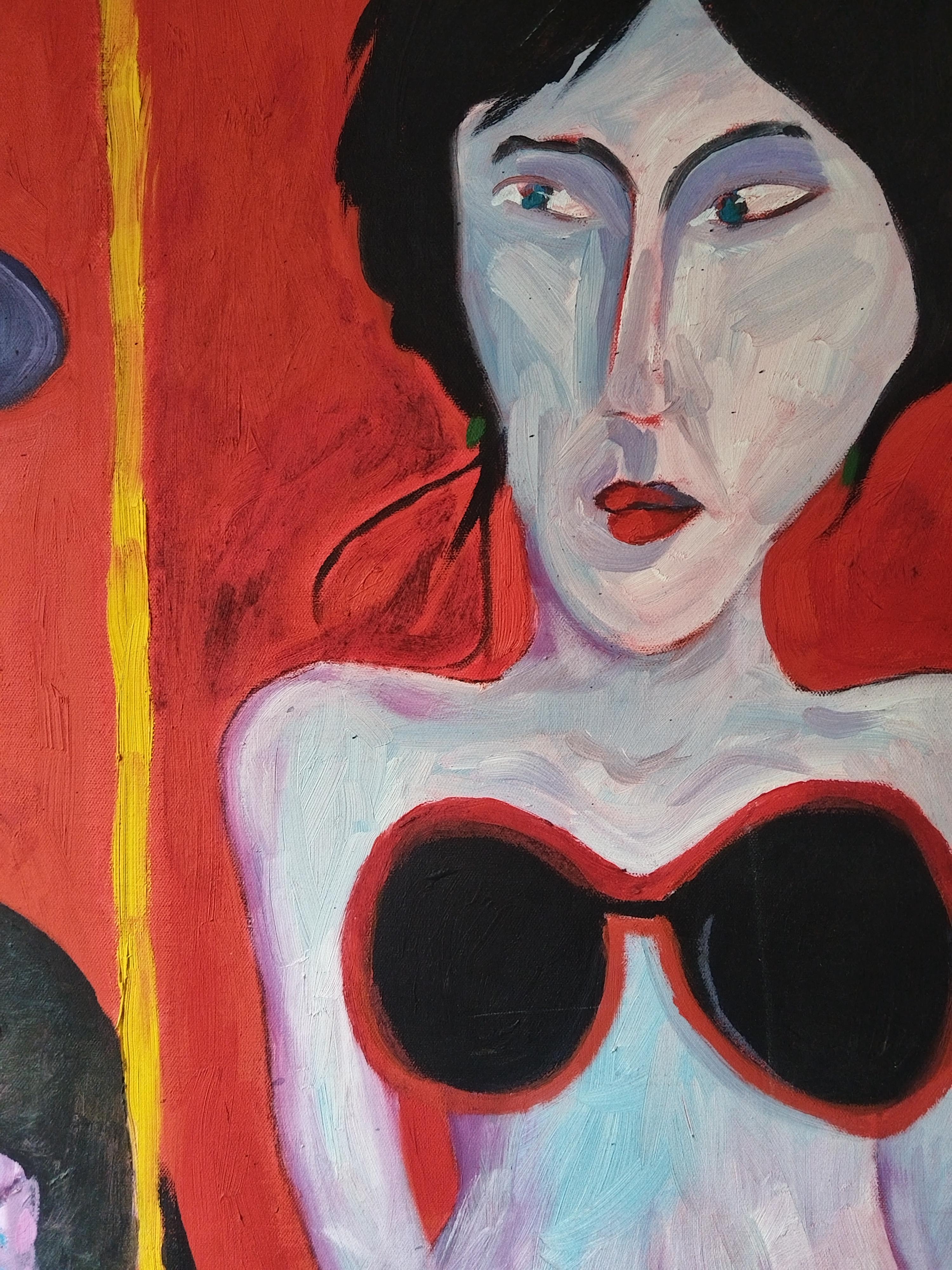 Bright Red Expressionist Oil on Canvas Painting 
