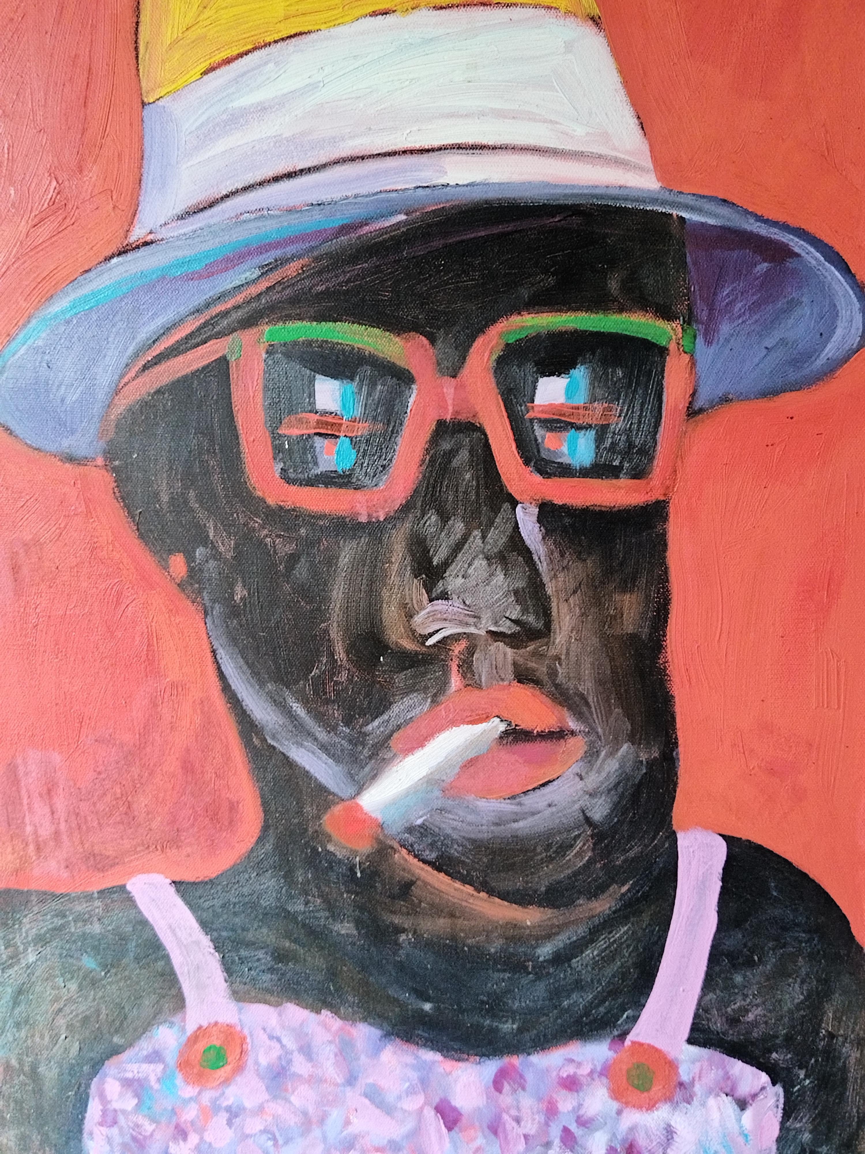 Bright Red Expressionist Oil on Canvas Painting 
