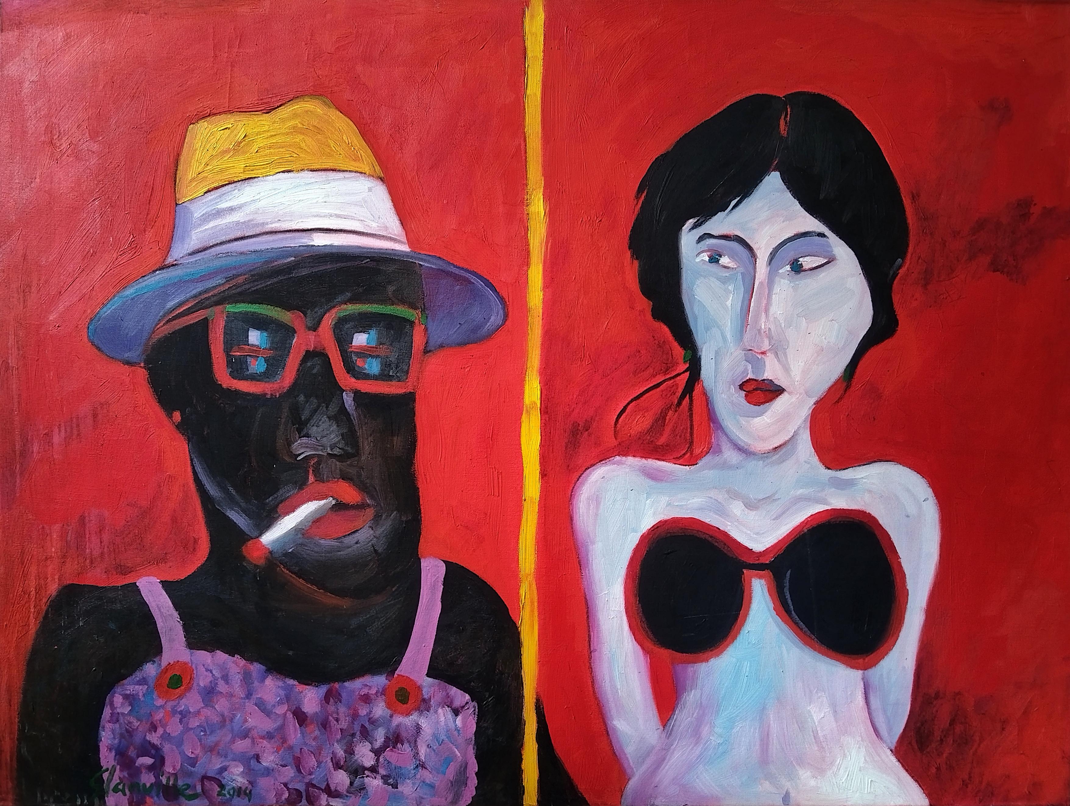 Pittura espressionista rossa su tela "Guardone francese".