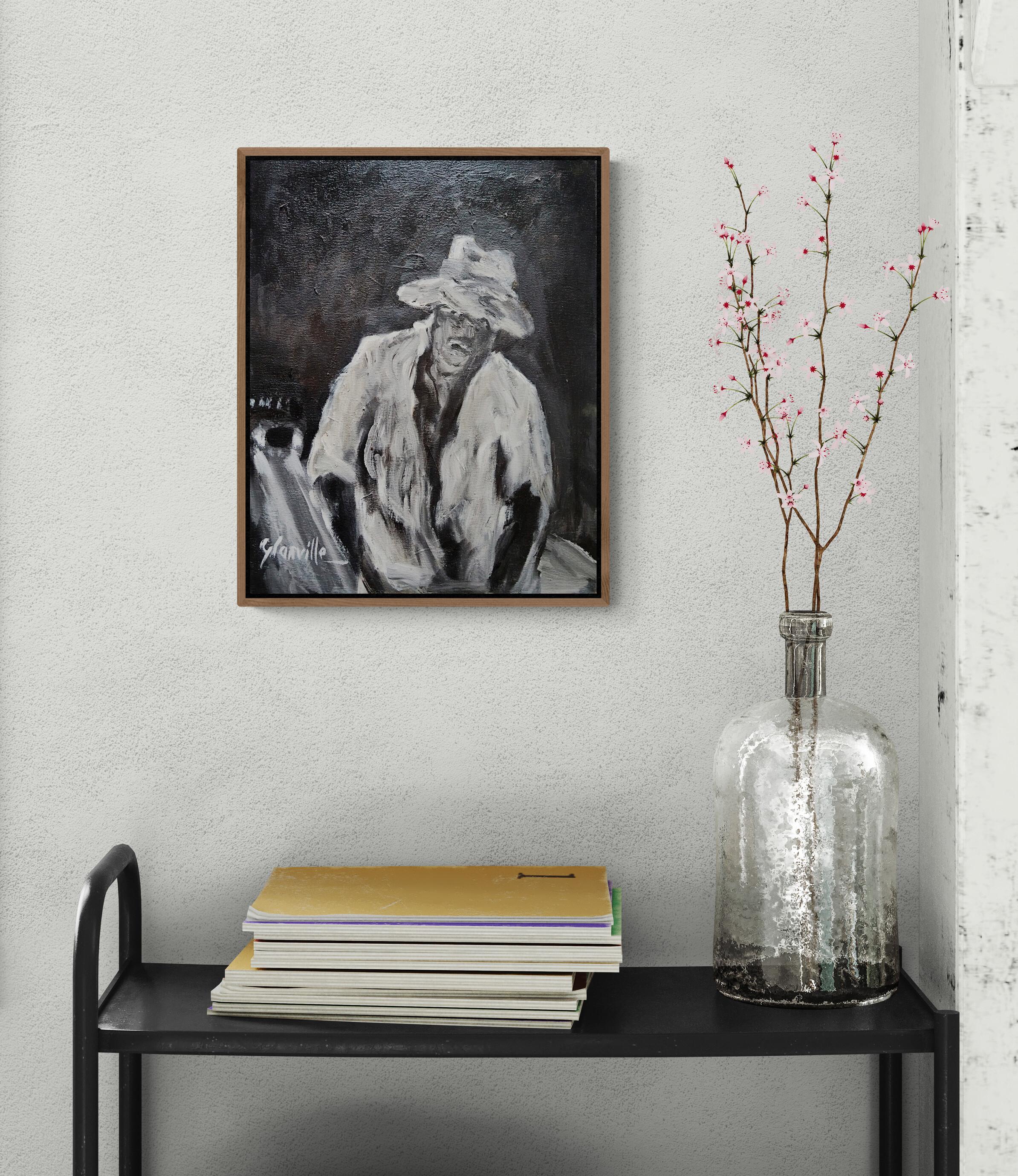 Pittura ad olio figurativa monocromatica impressionista scura 