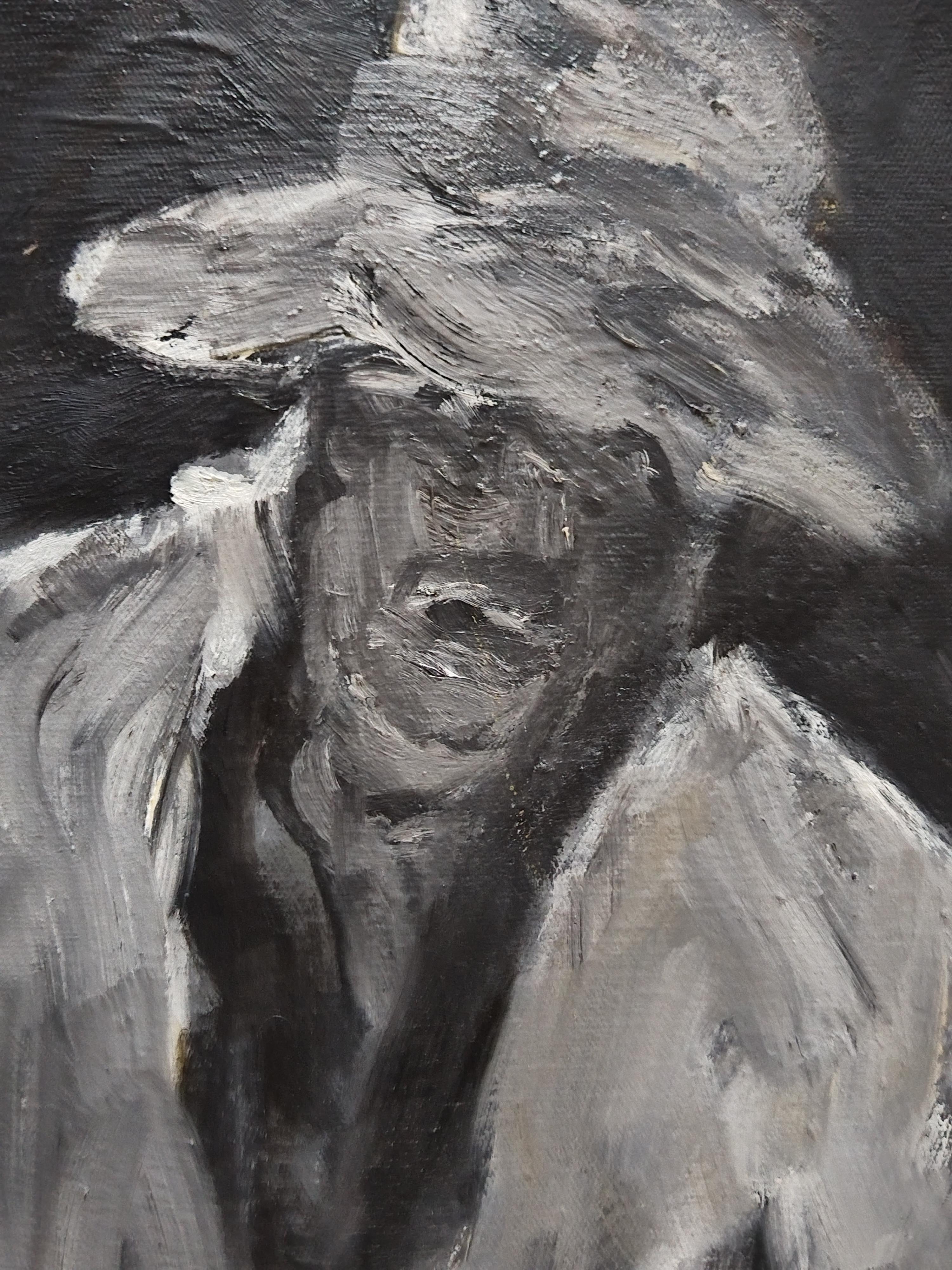 Pittura ad olio figurativa monocromatica impressionista scura 