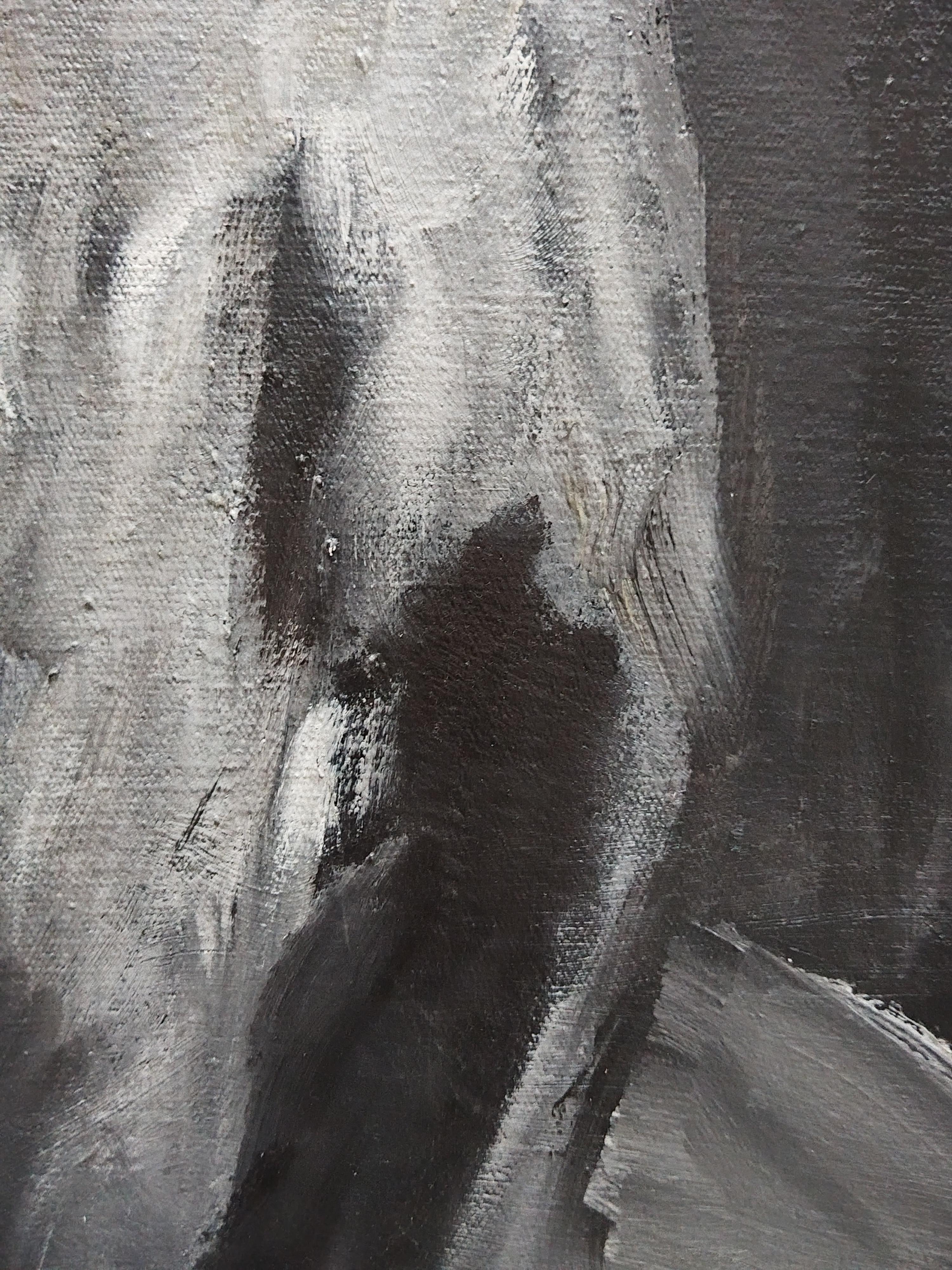 Pittura ad olio figurativa monocromatica impressionista scura 