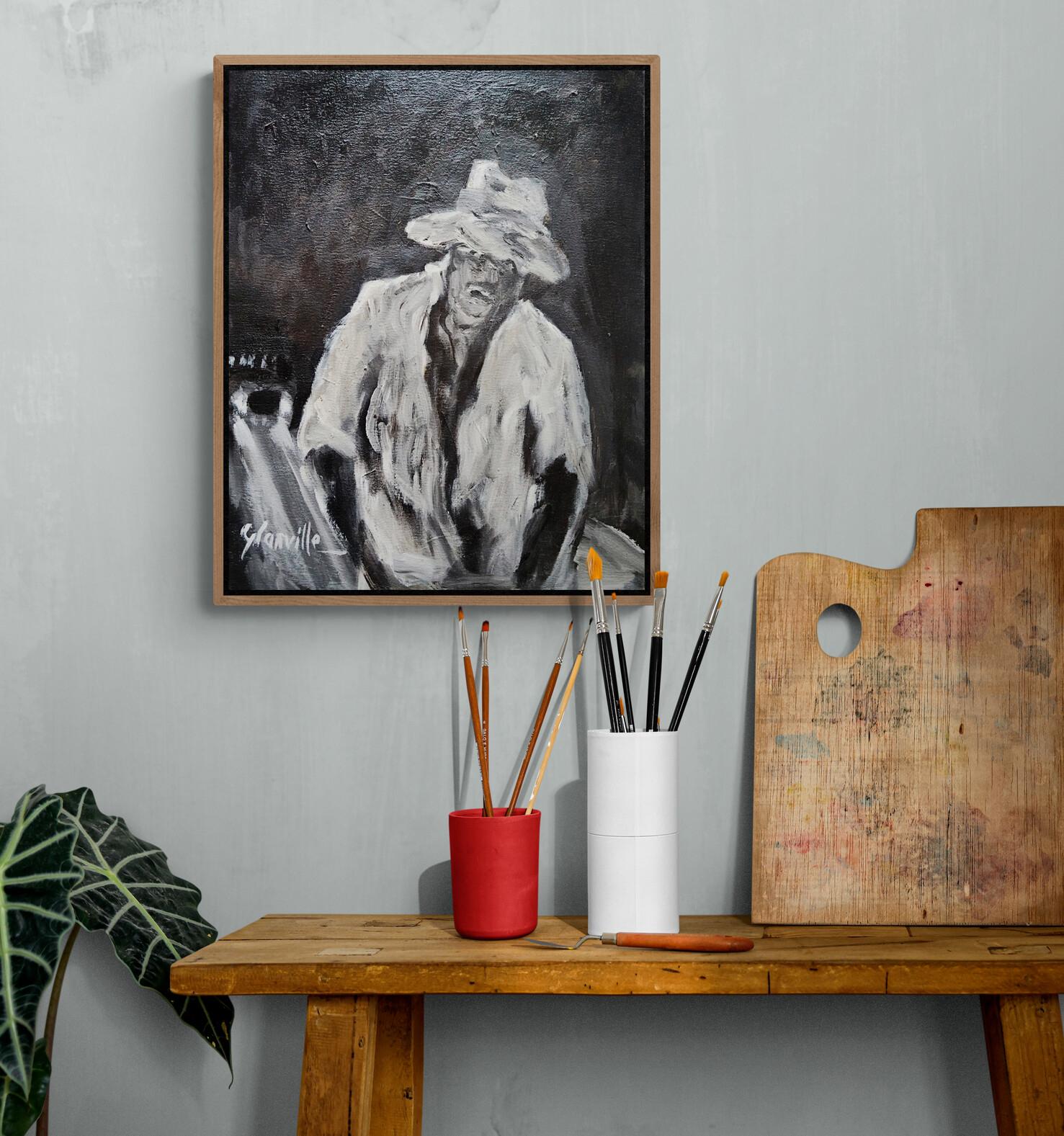 Pittura ad olio figurativa monocromatica impressionista scura 