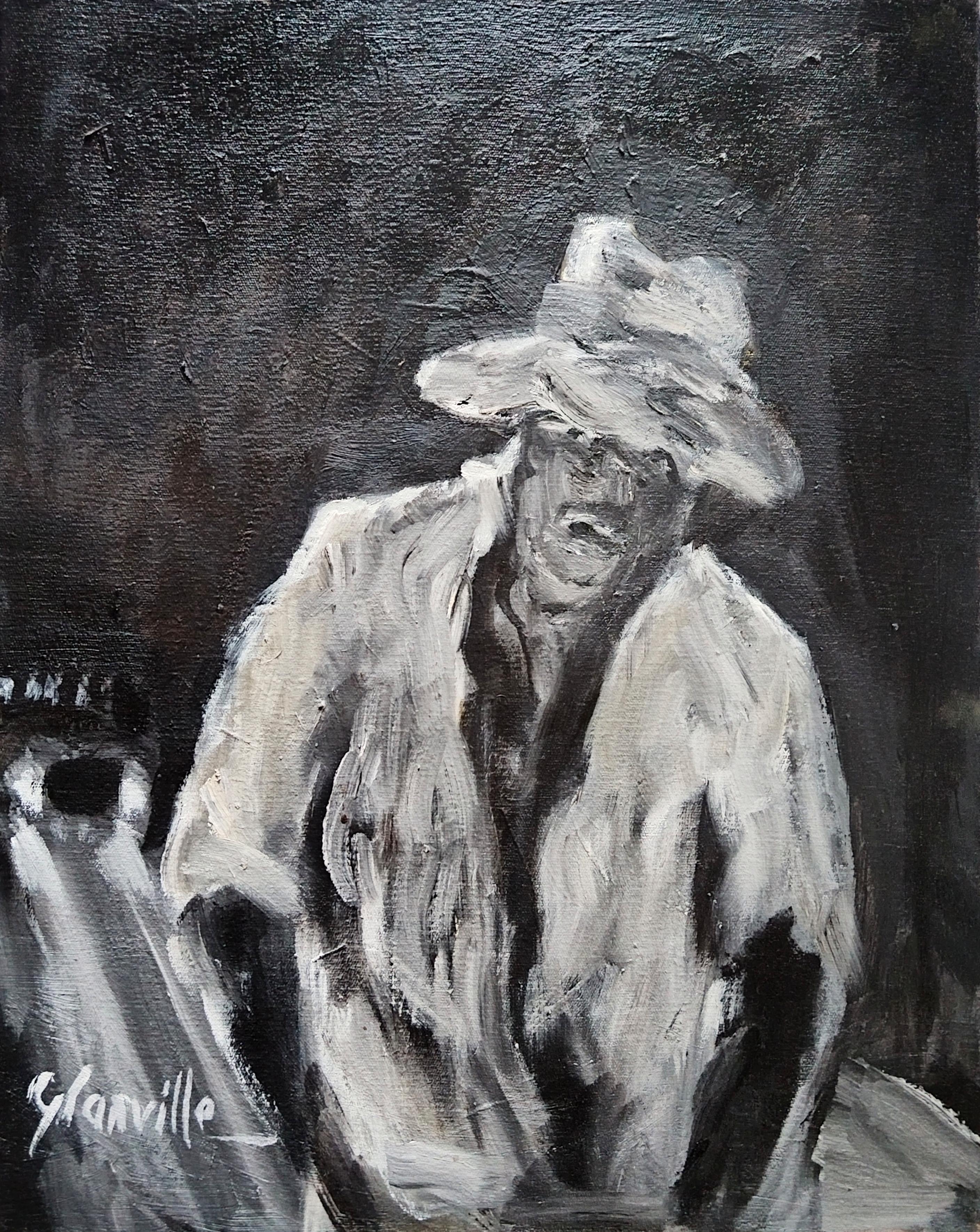 Pintura al óleo figurativa monocroma impresionista oscura "Erudito del camino"