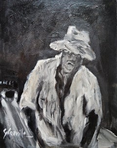 Pintura al óleo figurativa monocroma impresionista oscura "Erudito del camino"