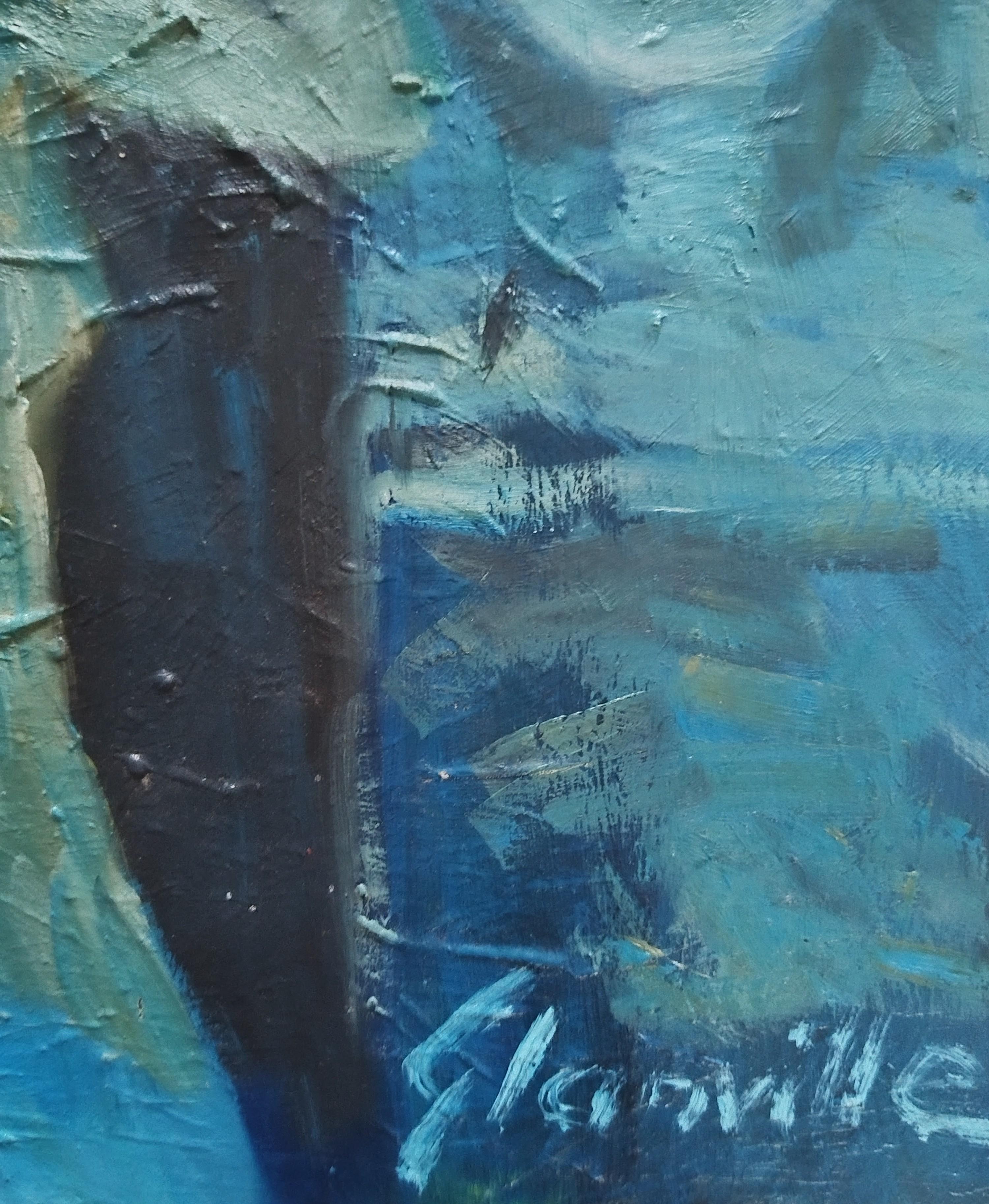 Pintura al óleo figurativa impresionista monocroma azul 