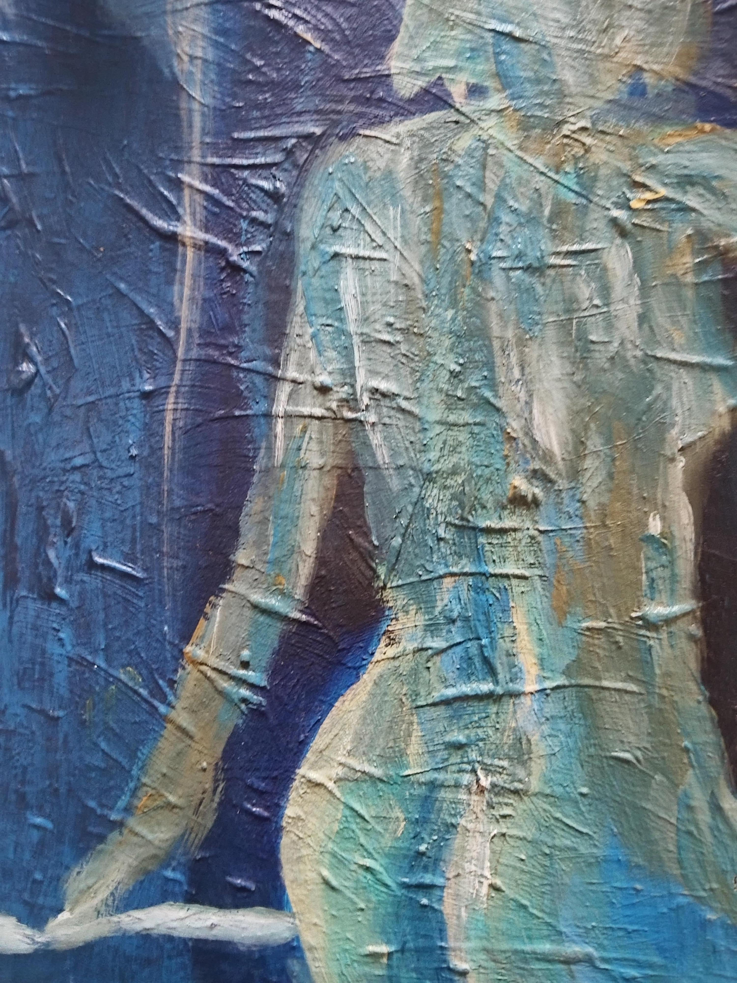 Pintura al óleo figurativa impresionista monocroma azul 
