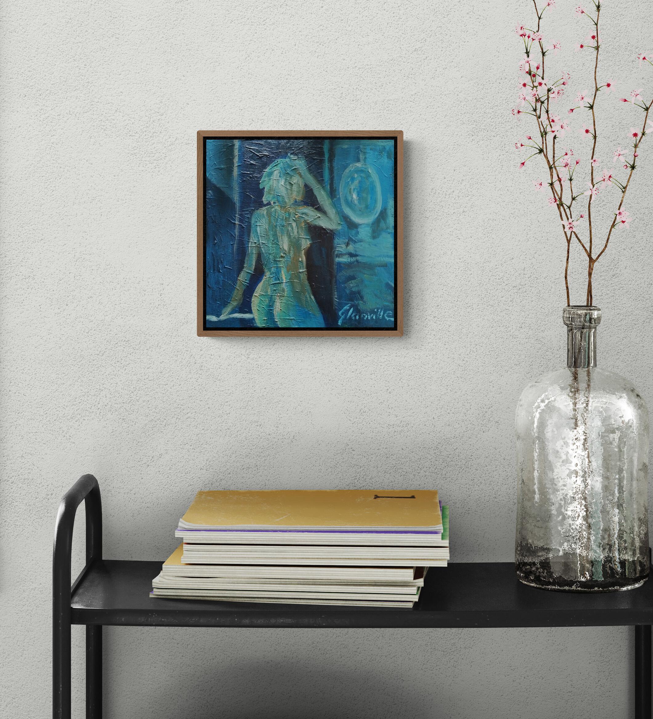 Pintura al óleo figurativa impresionista monocroma azul 
