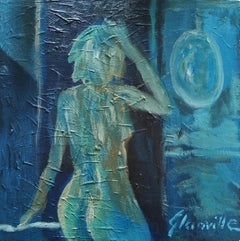 Pintura al óleo figurativa impresionista monocroma azul "Caro"