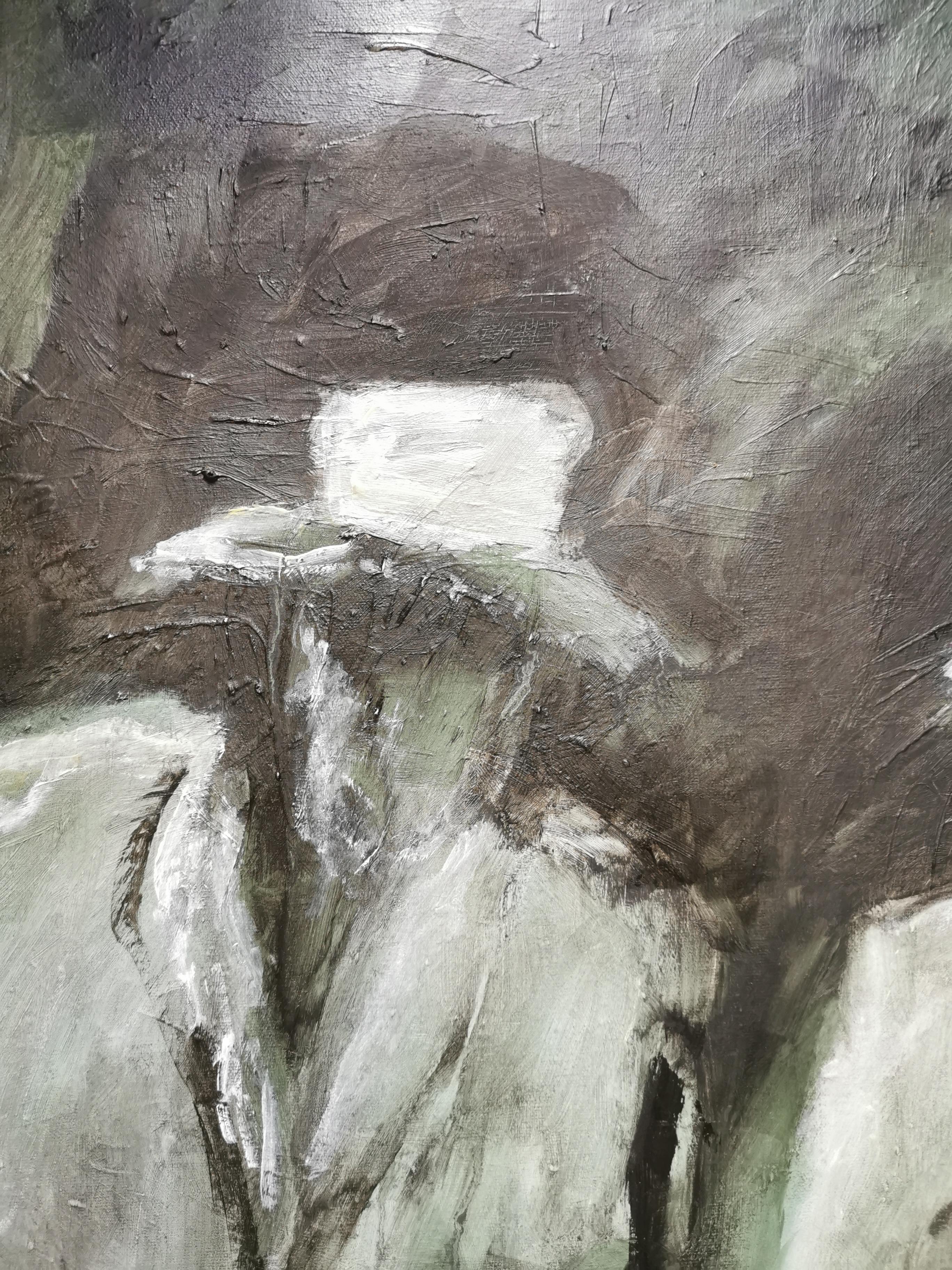 Óleo oscuro impresionista sobre lienzo Escena nocturna figurativa 