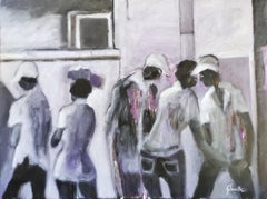 Huile impressionniste sur toile - Scène de rue "Une Nuit Violette"