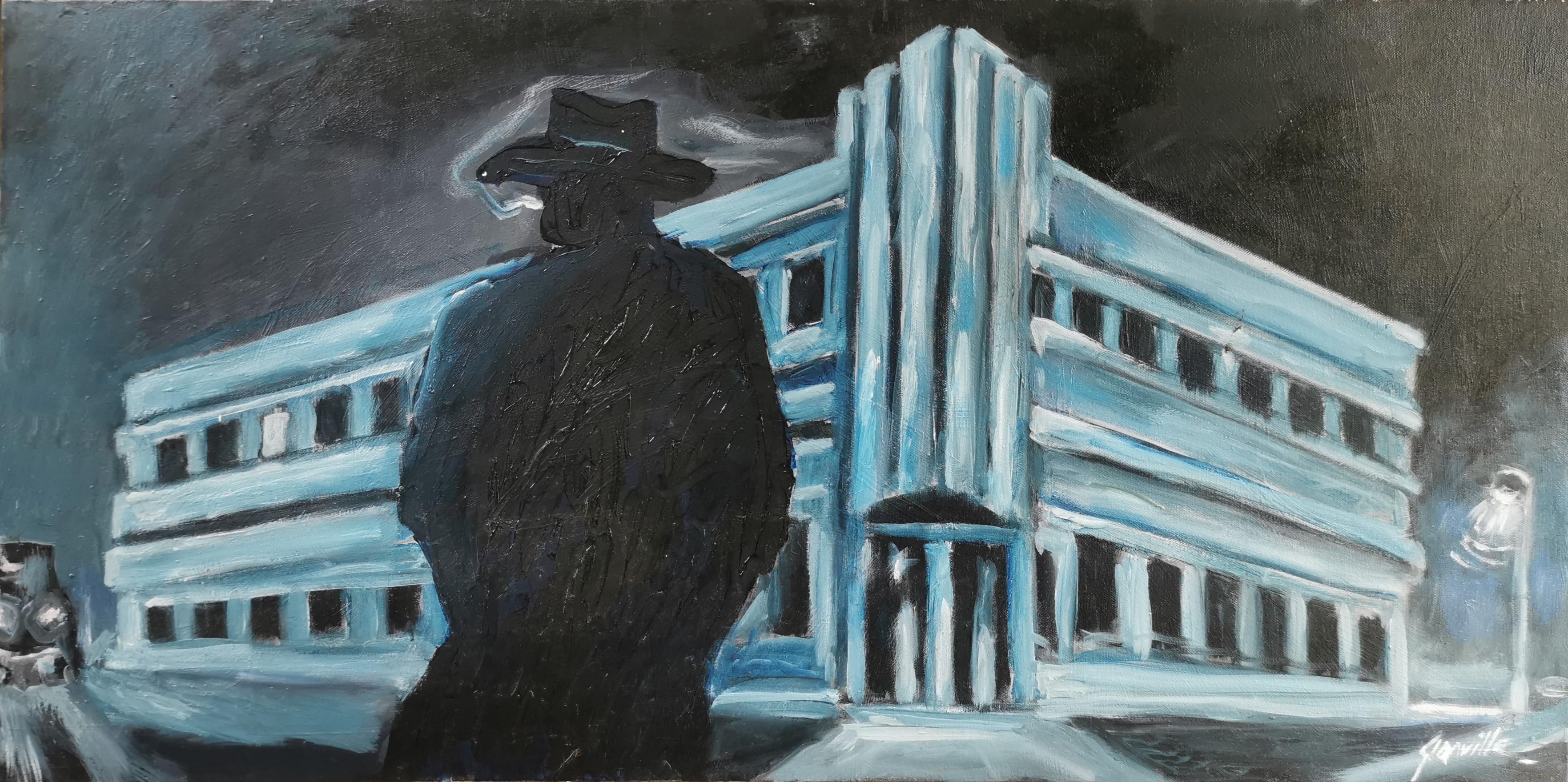 Abstract Painting di Robin Glanville - Olio impressionista su tela Scena di strada "Dall'altra parte della strada