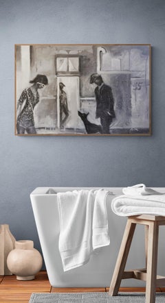 Monochrome Impressionist Oil on Canvas Street Scene "Gloomy Night"