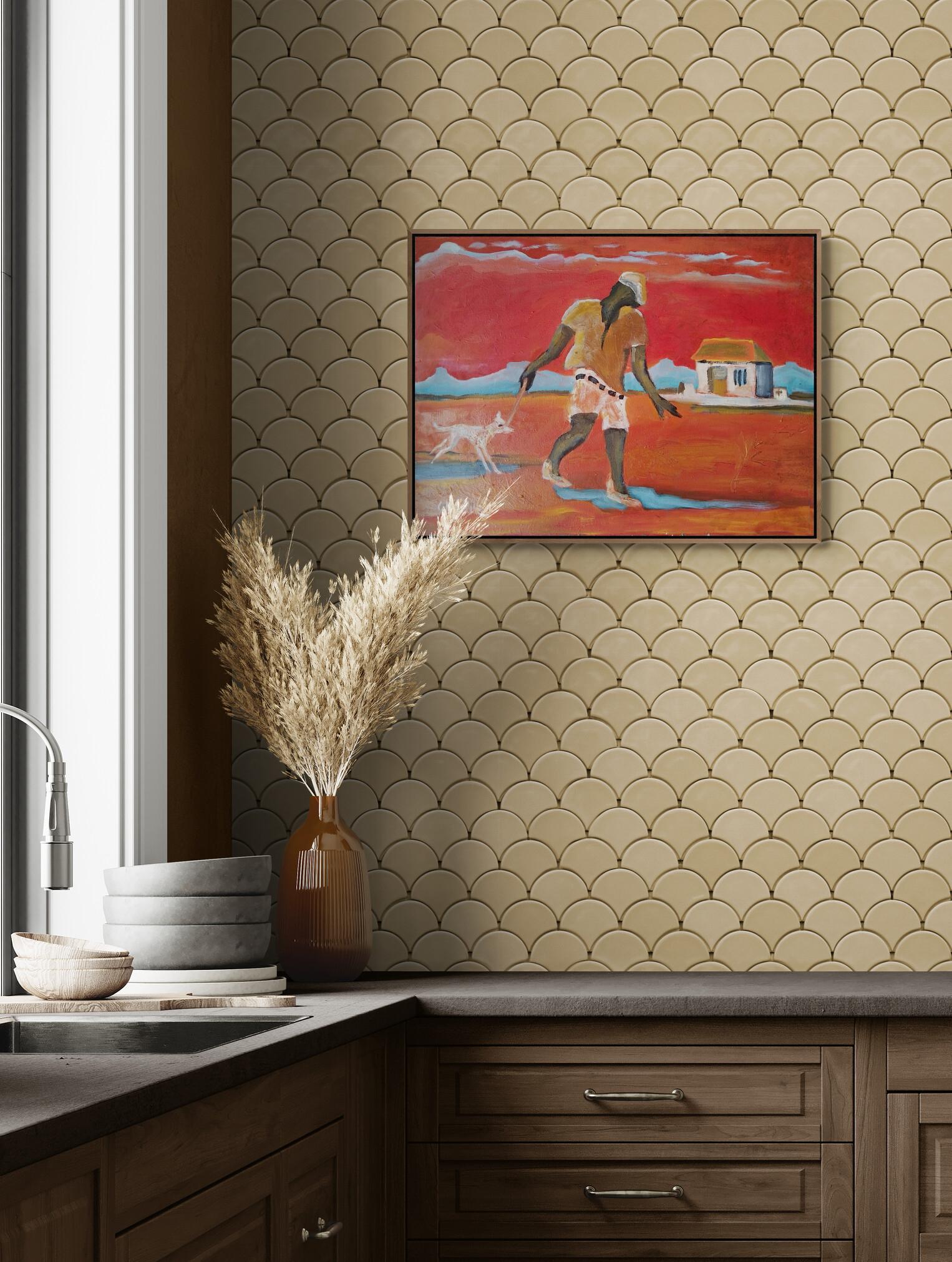 Pittura a olio impressionista di paesaggio figurativo rosso e arancione 