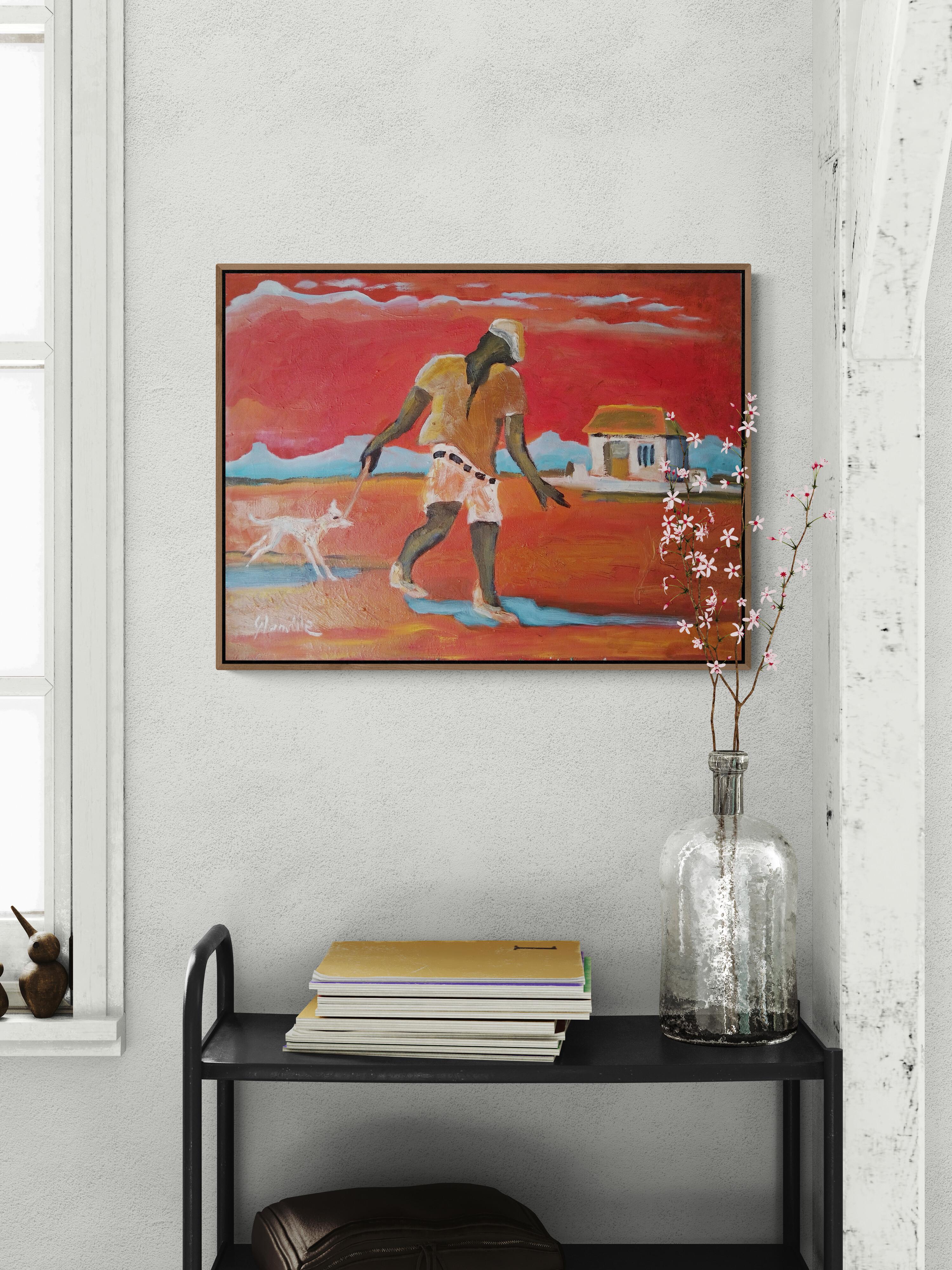 Pittura a olio impressionista di paesaggio figurativo rosso e arancione 