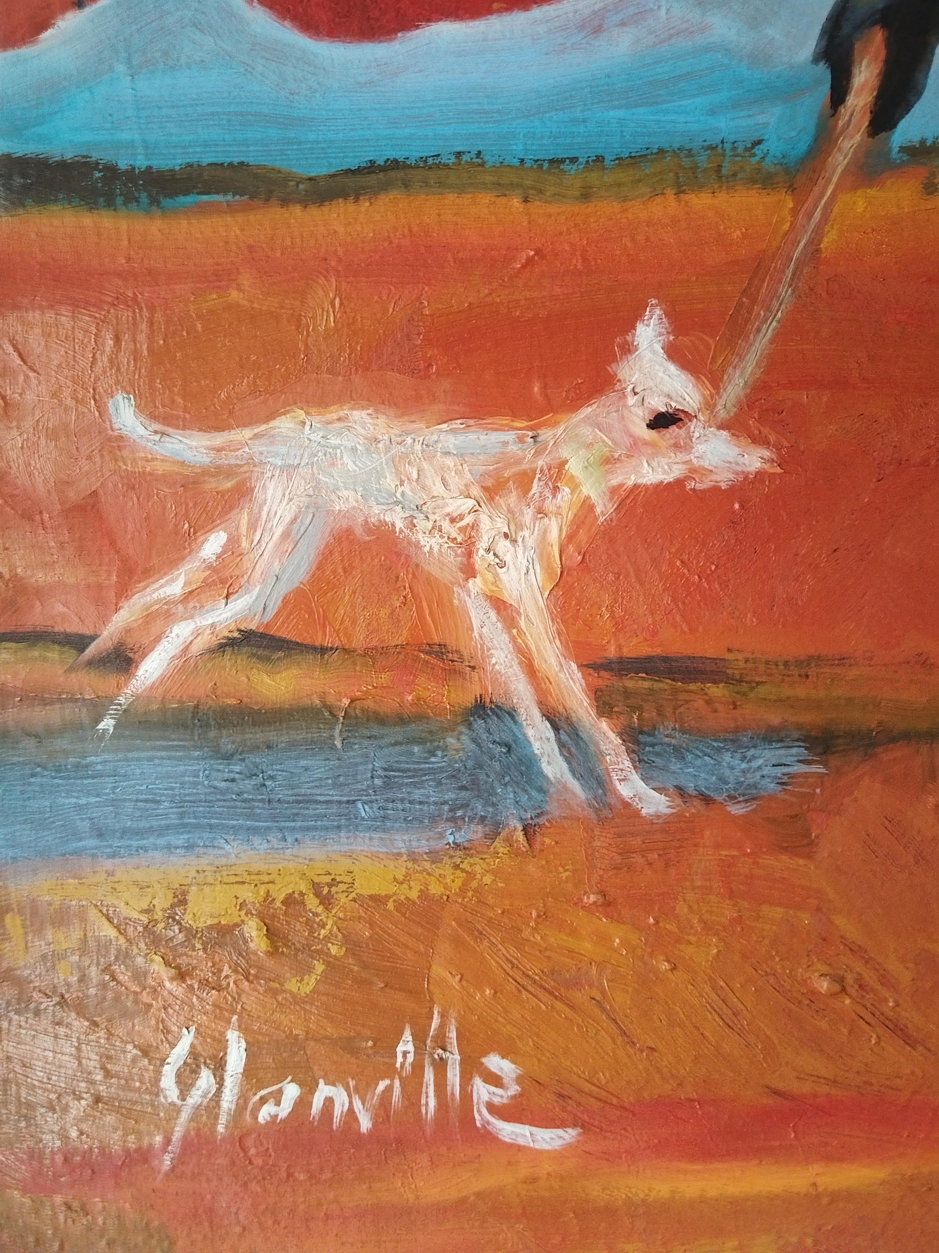 Pittura a olio impressionista di paesaggio figurativo rosso e arancione 