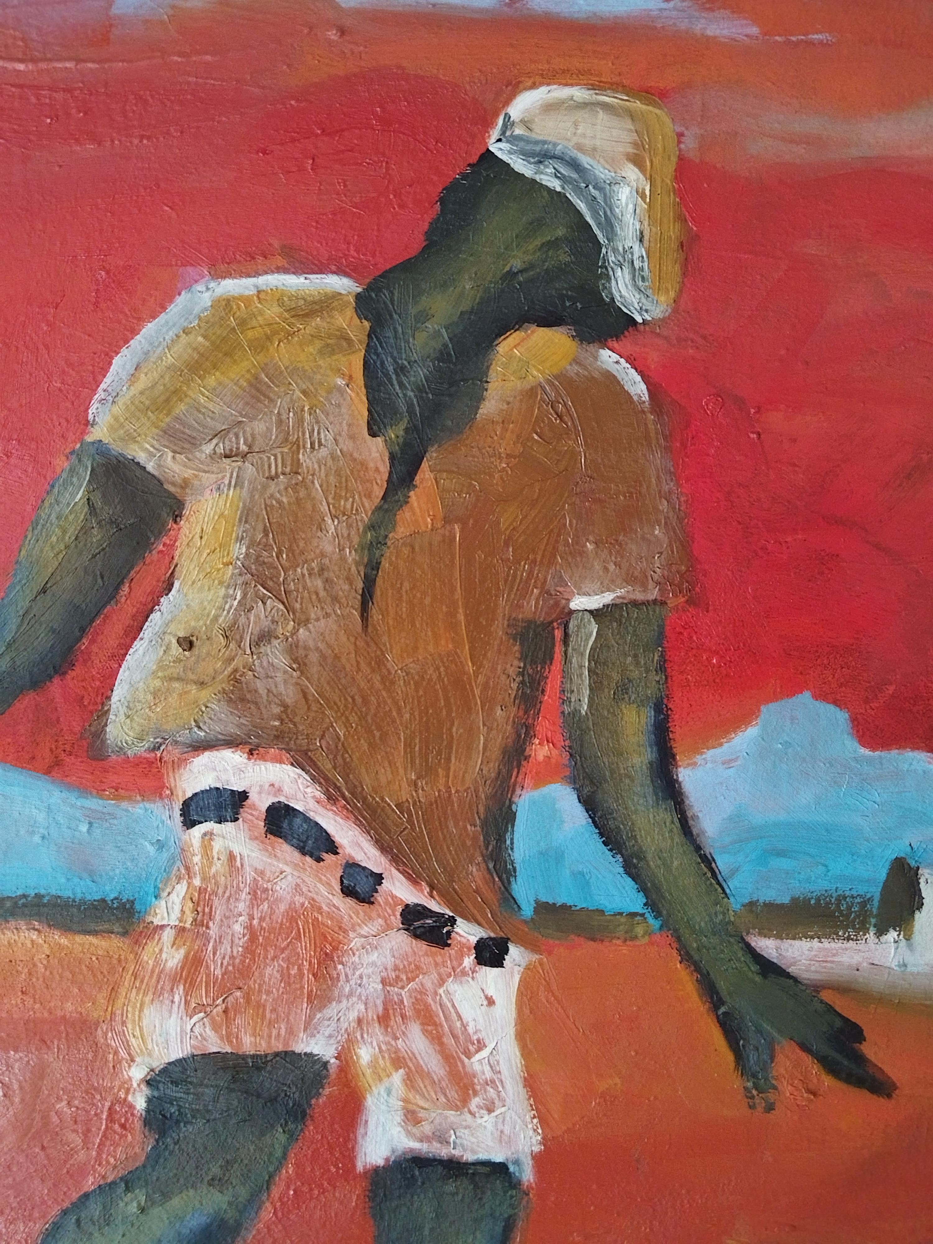 Pittura a olio impressionista di paesaggio figurativo rosso e arancione 