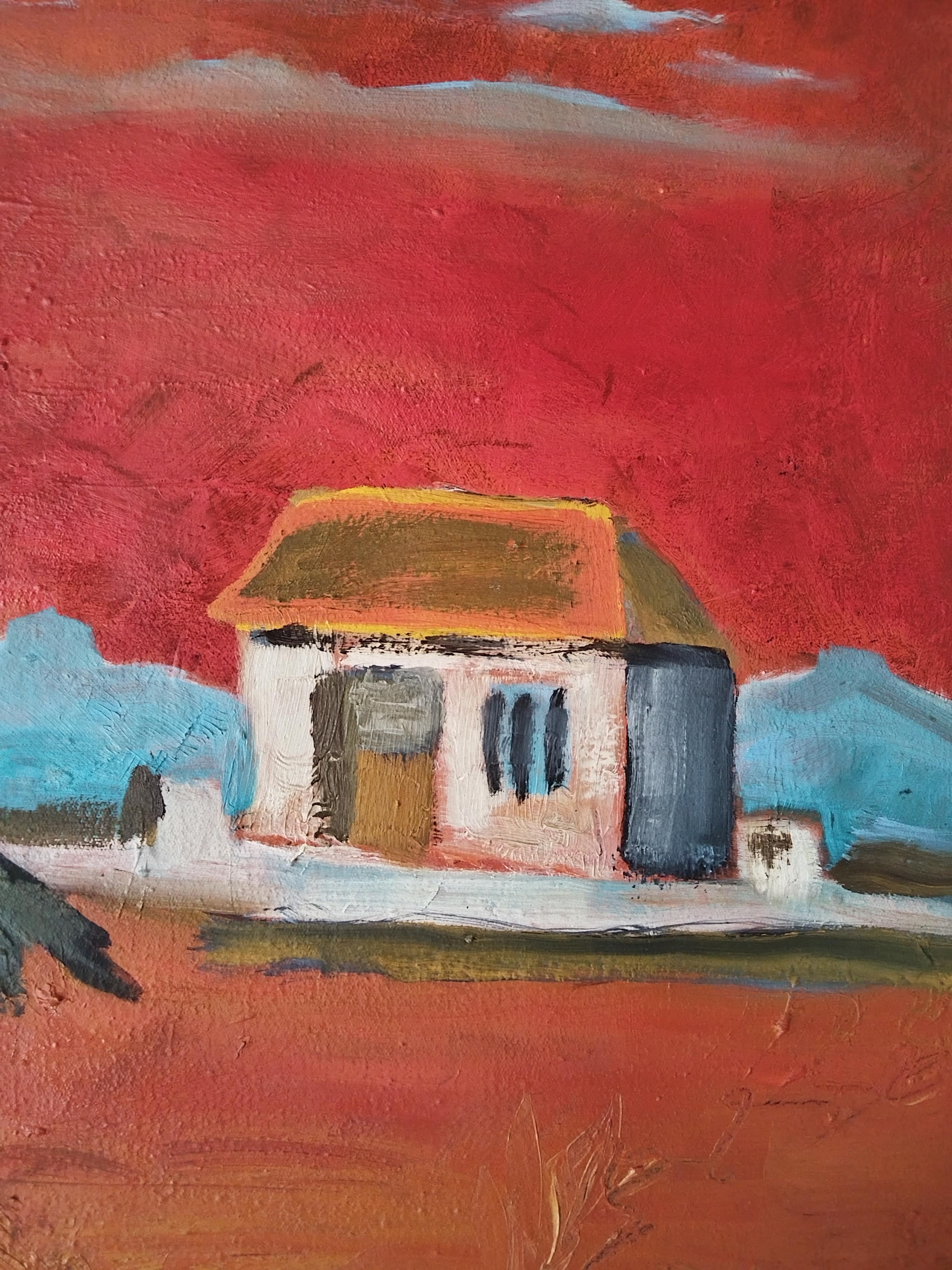 Pittura a olio impressionista di paesaggio figurativo rosso e arancione 