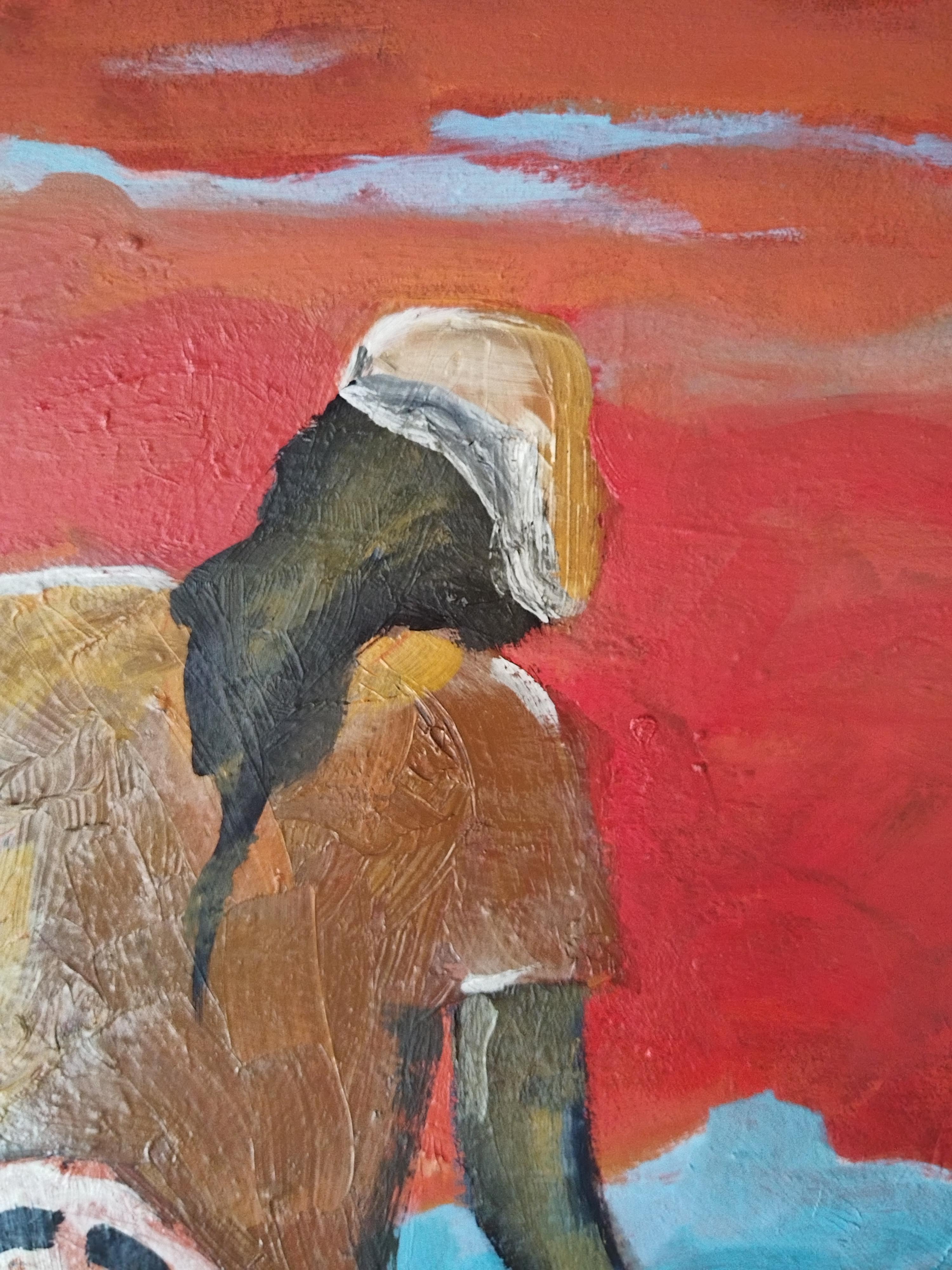 Pittura a olio impressionista di paesaggio figurativo rosso e arancione 