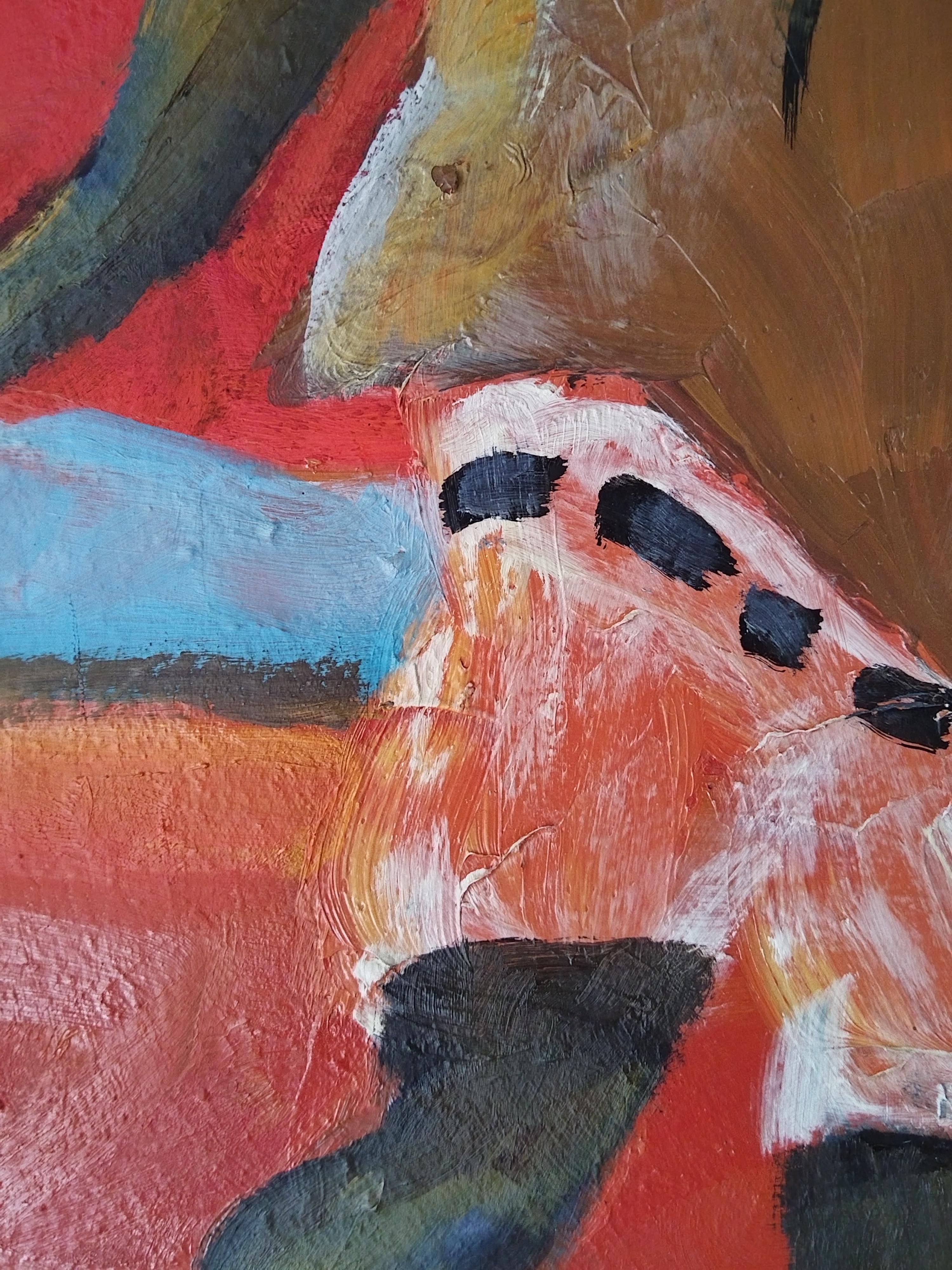 Pittura a olio impressionista di paesaggio figurativo rosso e arancione 