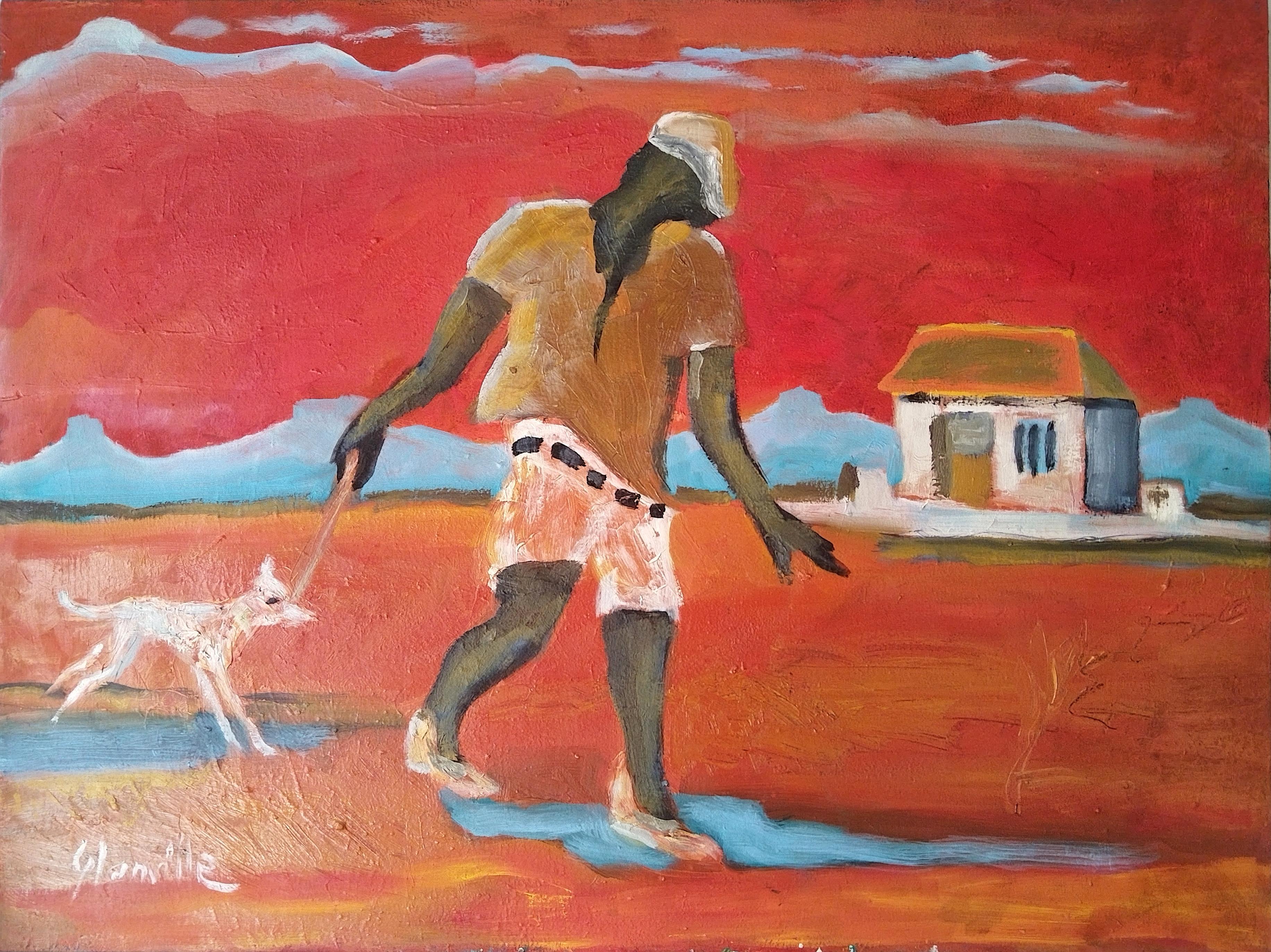 Figurative Painting di Robin Glanville - Pittura a olio impressionista di paesaggio figurativo rosso e arancione "Passeggiata al tramonto"