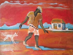 Impressionist Red & Orange Figurative Landscape Oil Painting "Sunset Walk"
