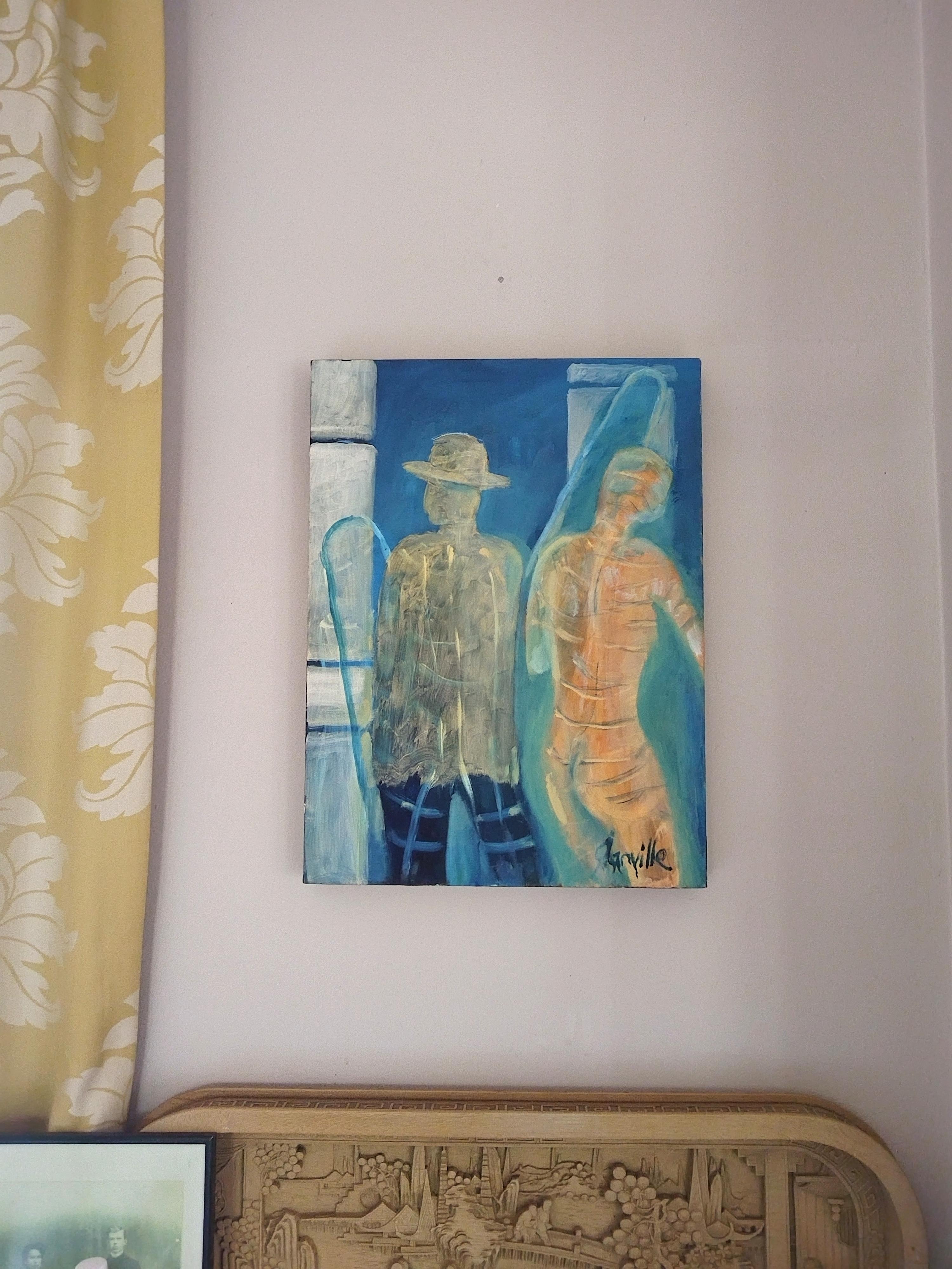 Pintura al óleo figurativa impresionista de colores amarillo y azul 