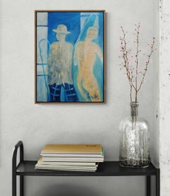 Impressionist Gelb & Blau farbige figurative Ölgemälde "Nächtliche Begegnung"