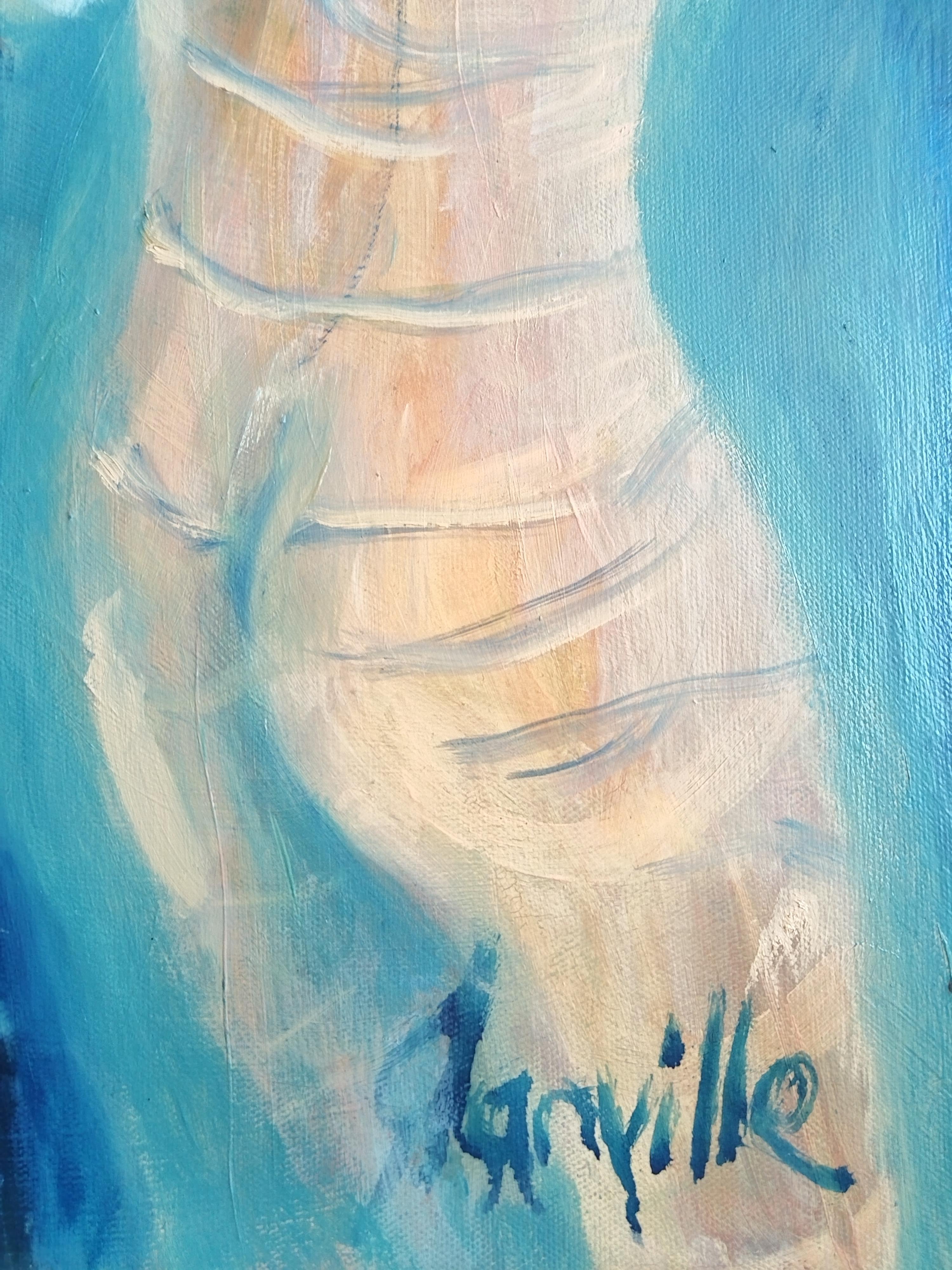 Pintura al óleo figurativa impresionista de colores amarillo y azul 