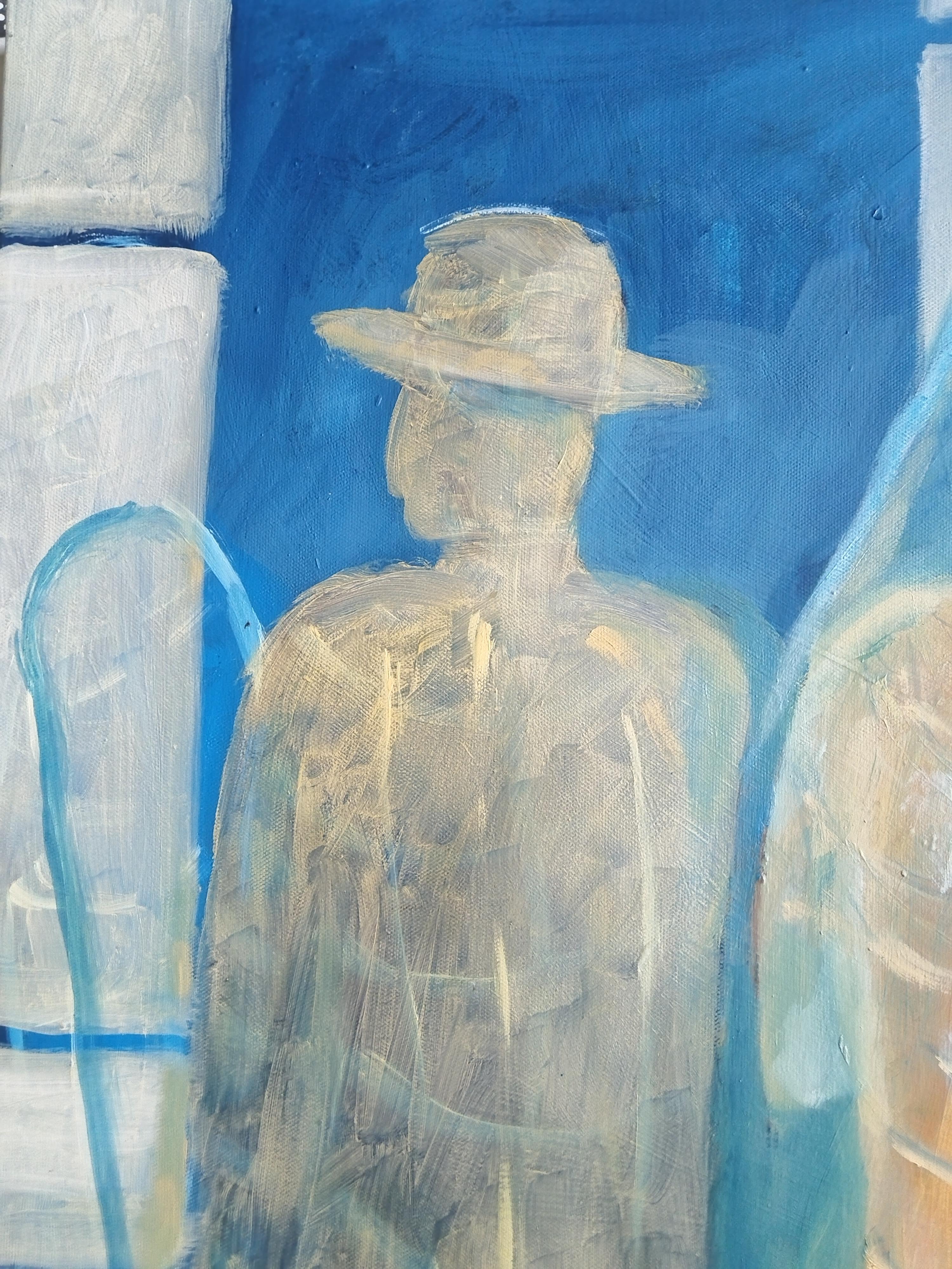 Pintura al óleo figurativa impresionista de colores amarillo y azul 