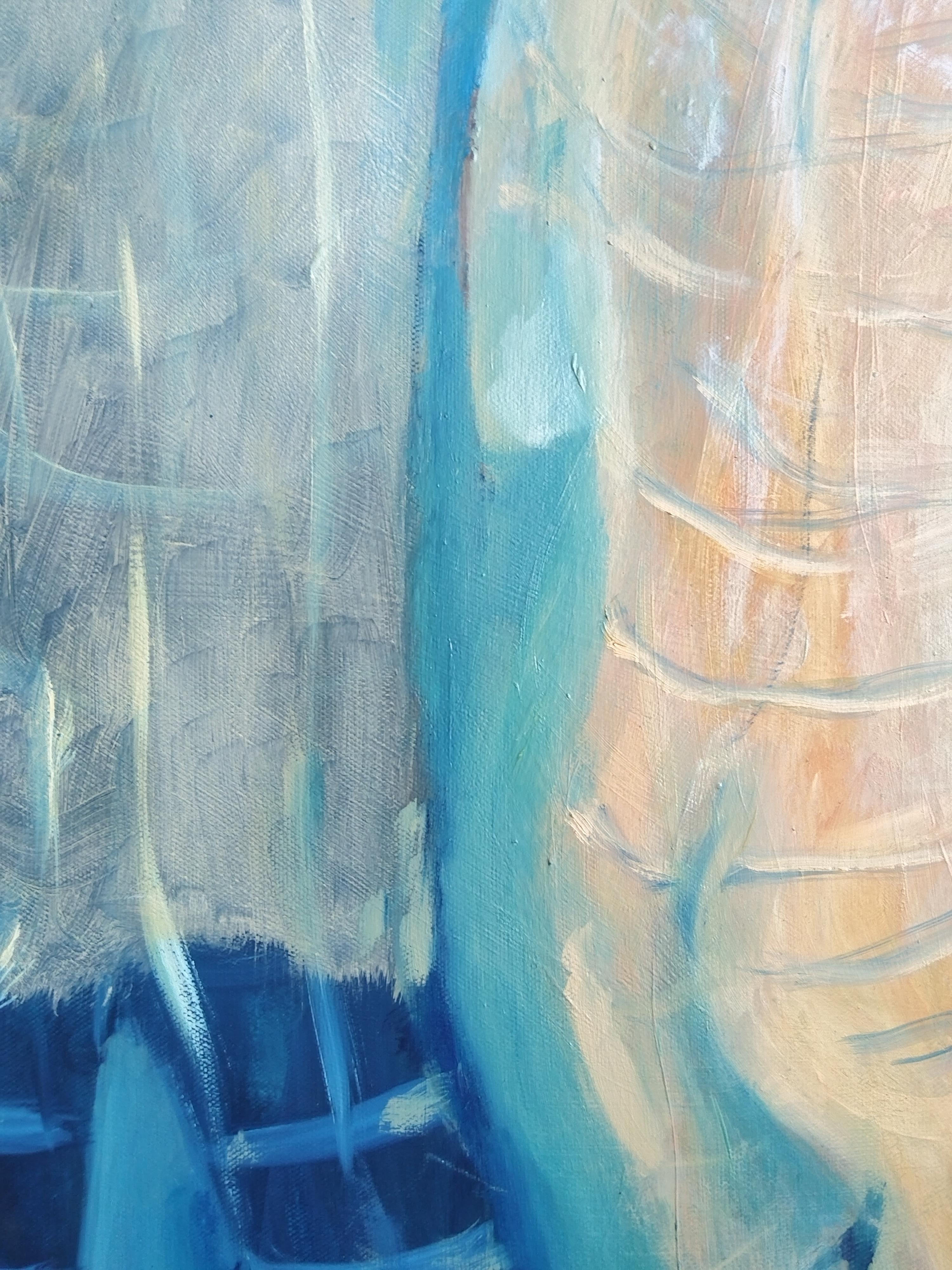 Pintura al óleo figurativa impresionista de colores amarillo y azul 