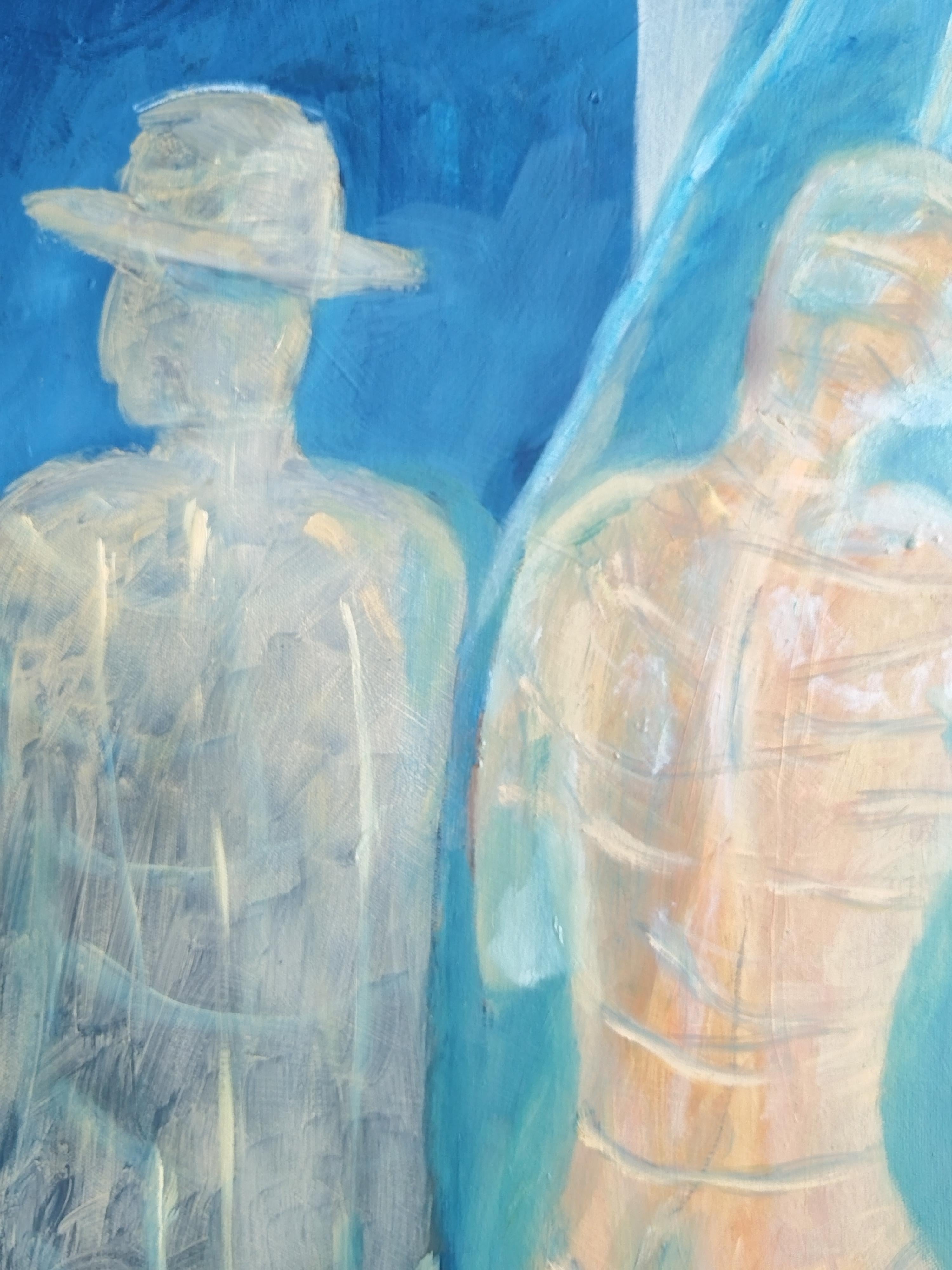 Pintura al óleo figurativa impresionista de colores amarillo y azul 