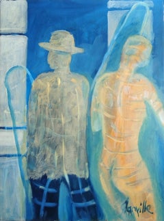 Impressionist Yellow & Blue Coloured Figurative Oil Painting "Nighttime Meeting"