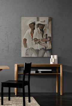 Brown Impressionistic Oil on Canvas Figurative Street Scene "On Guard"