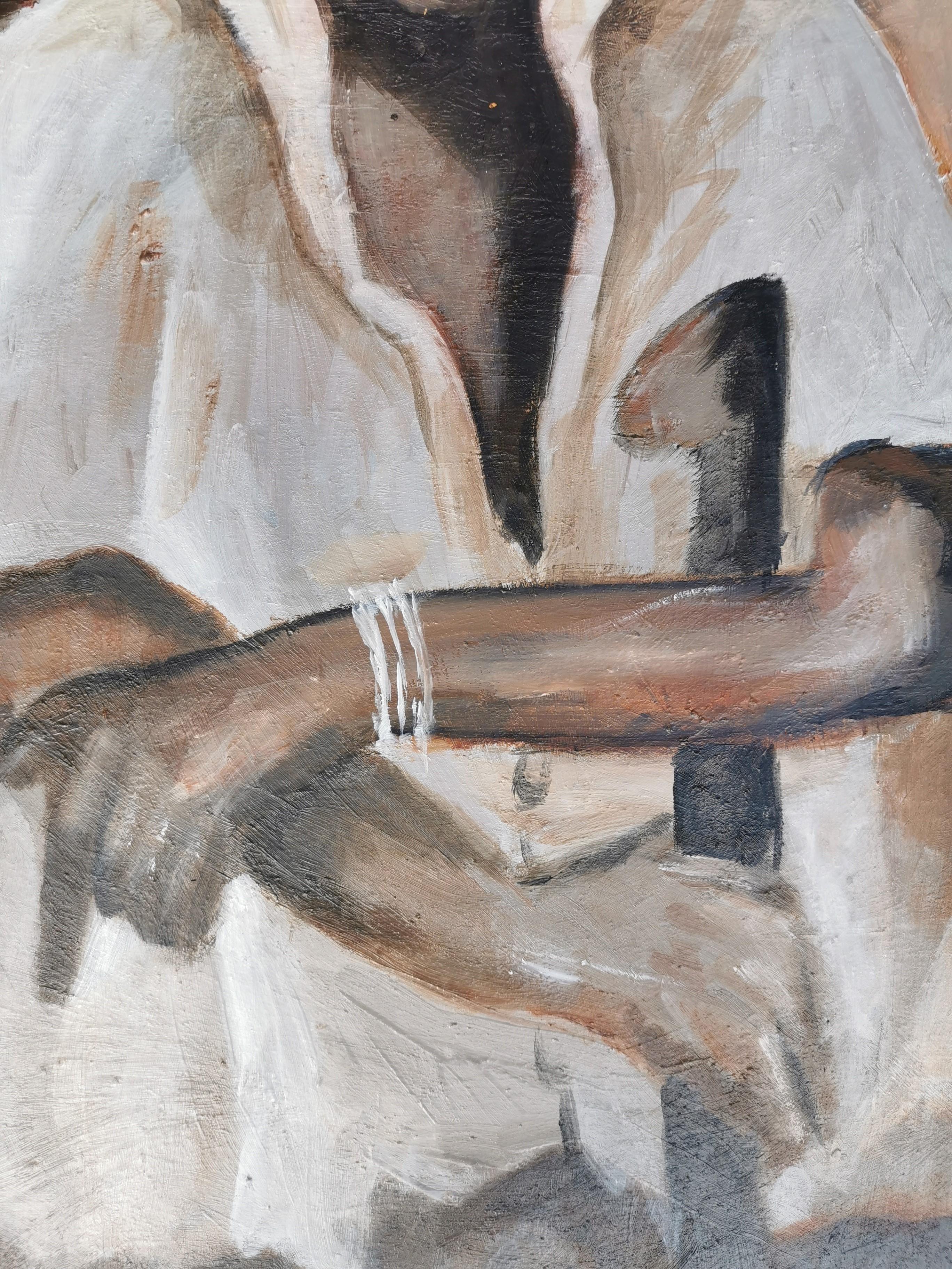 Olio impressionistico su tela marrone Scena di strada figurativa 