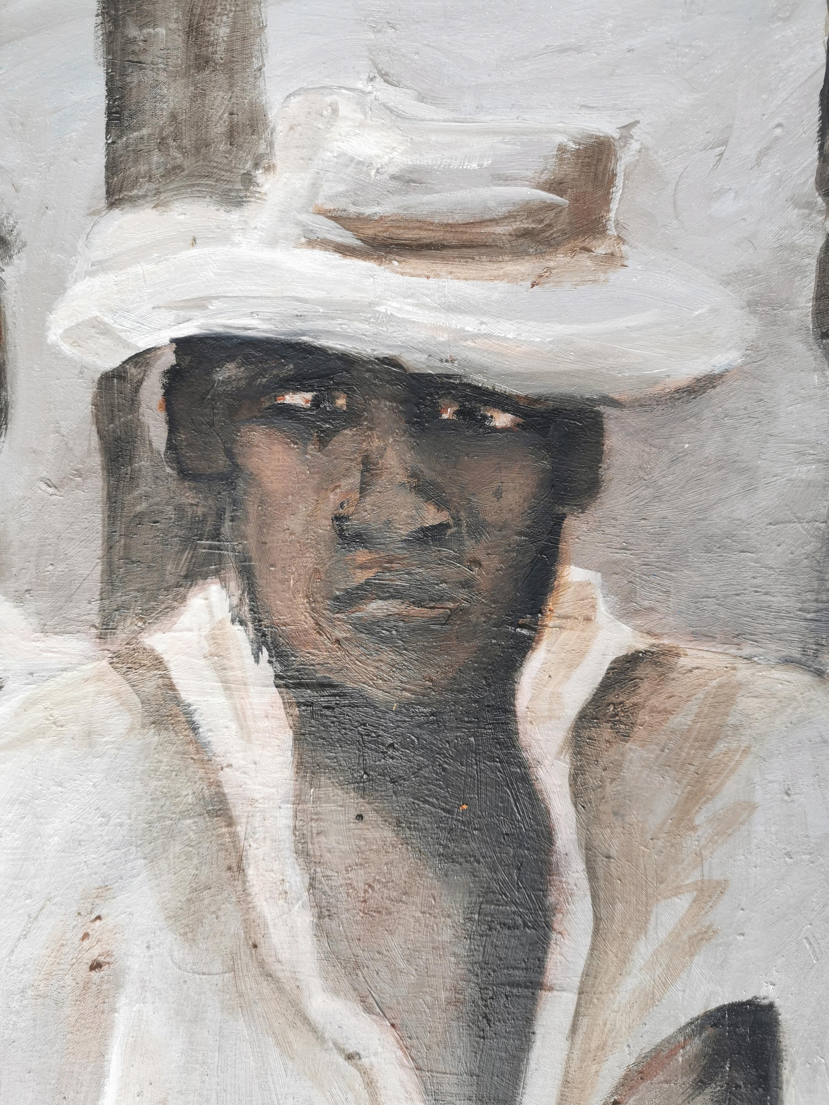 Olio impressionistico su tela marrone Scena di strada figurativa 