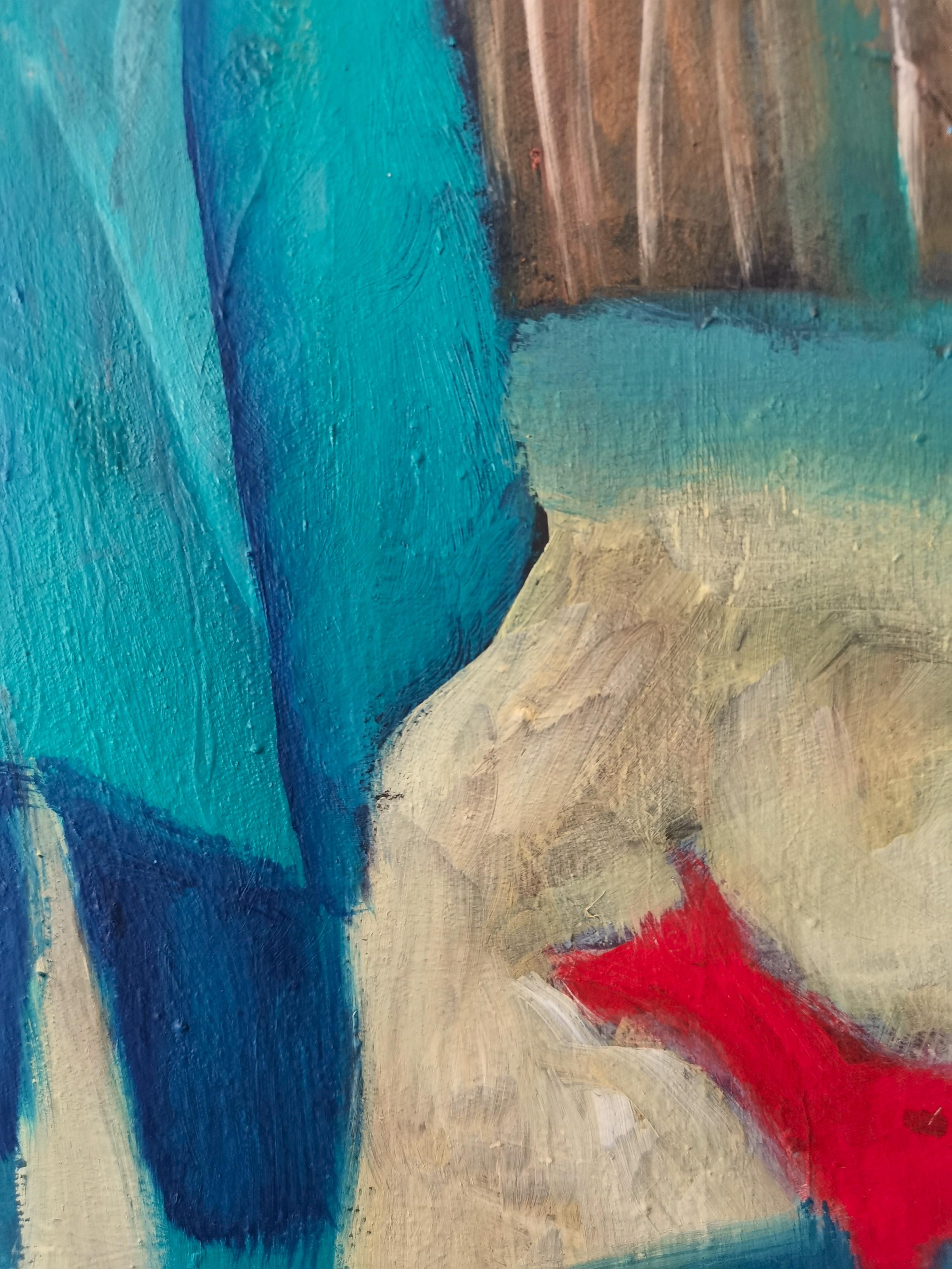Petite peinture à l'huile sur toile « Chien rouge » - Beige Abstract Painting par Robin Glanville