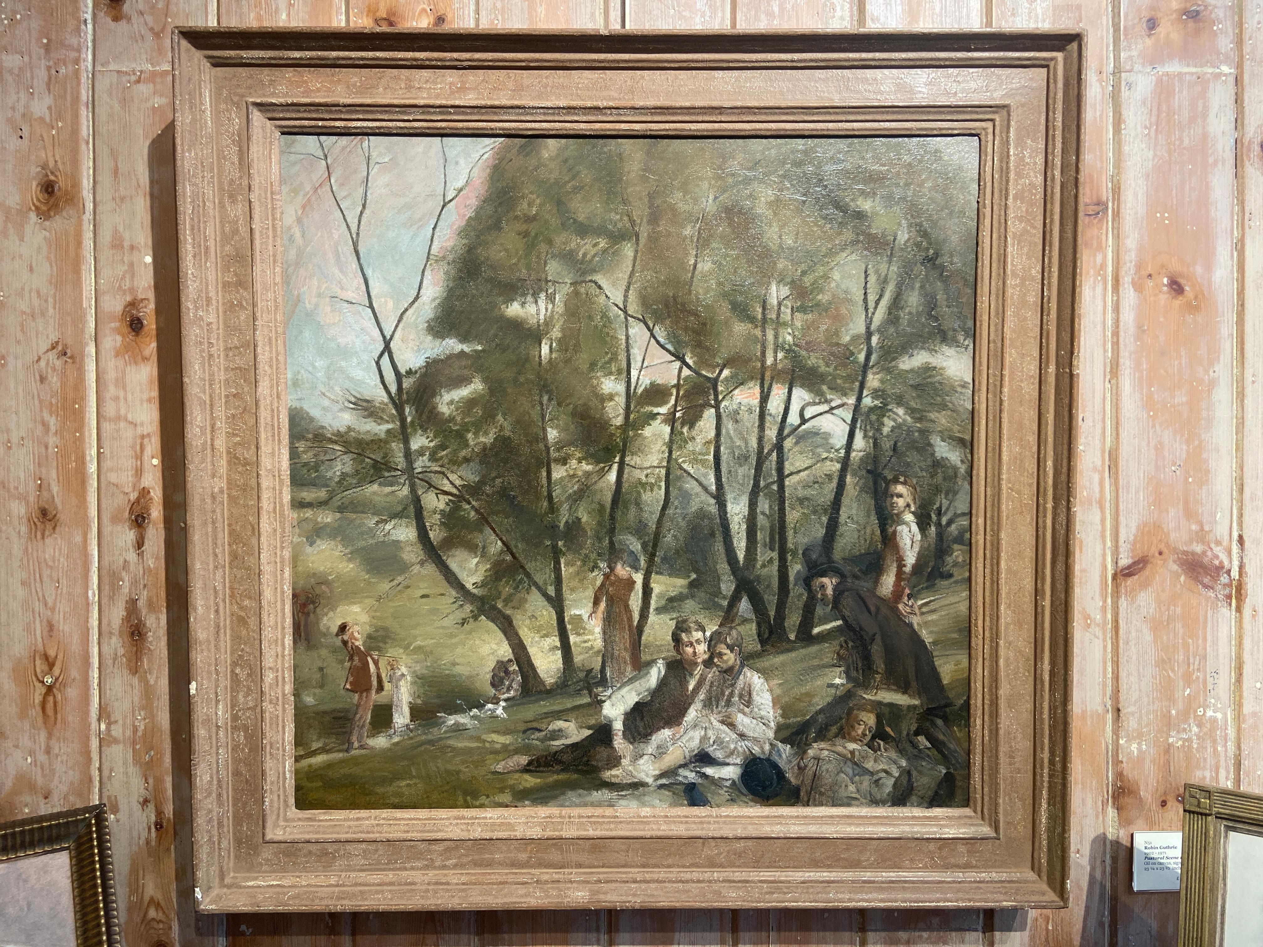 Oil on canvas, signed lower left
Image size: 23 1/4 x 23 1/2 inches (59 x 60 cm)
Hand made contemporary style frame

This exciting newly discovered work by Guthrie is quite a rarity. Showing a figure seated looking at us is almost certainly a self