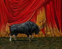"Un taureau contemplant une fleur" par Robin Hextrum, peinture originale, taureau noir