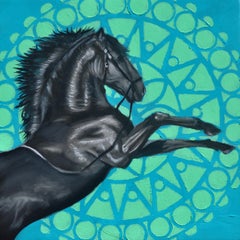 "Black Horse with Mandala, " Oil Painting