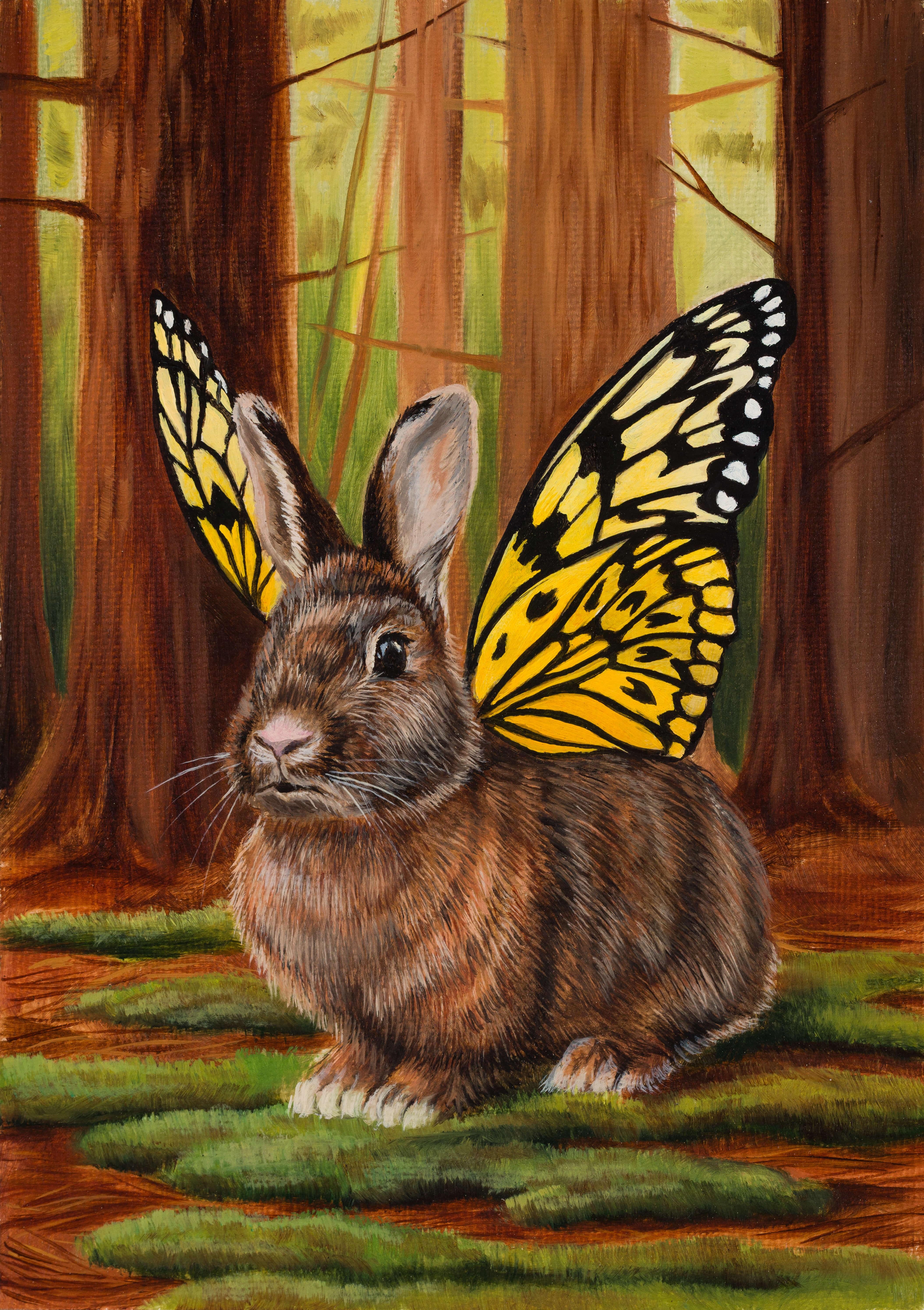 Robin Hextrum Animal Painting – "Hasenfliege" (2025) Original Surrealist Tier-Stillleben, Ölgemälde