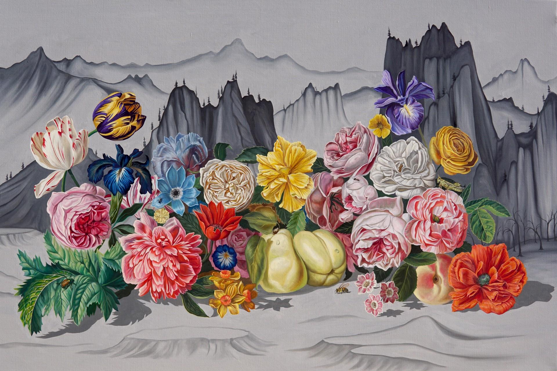 Robin Hextrum Animal Painting - Colorful Flowers Growing out of Grey Mountains