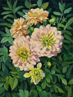 "Dahlias in Bloom" (2024) par Robin Hextrum, peinture à l'huile originale sur panneau