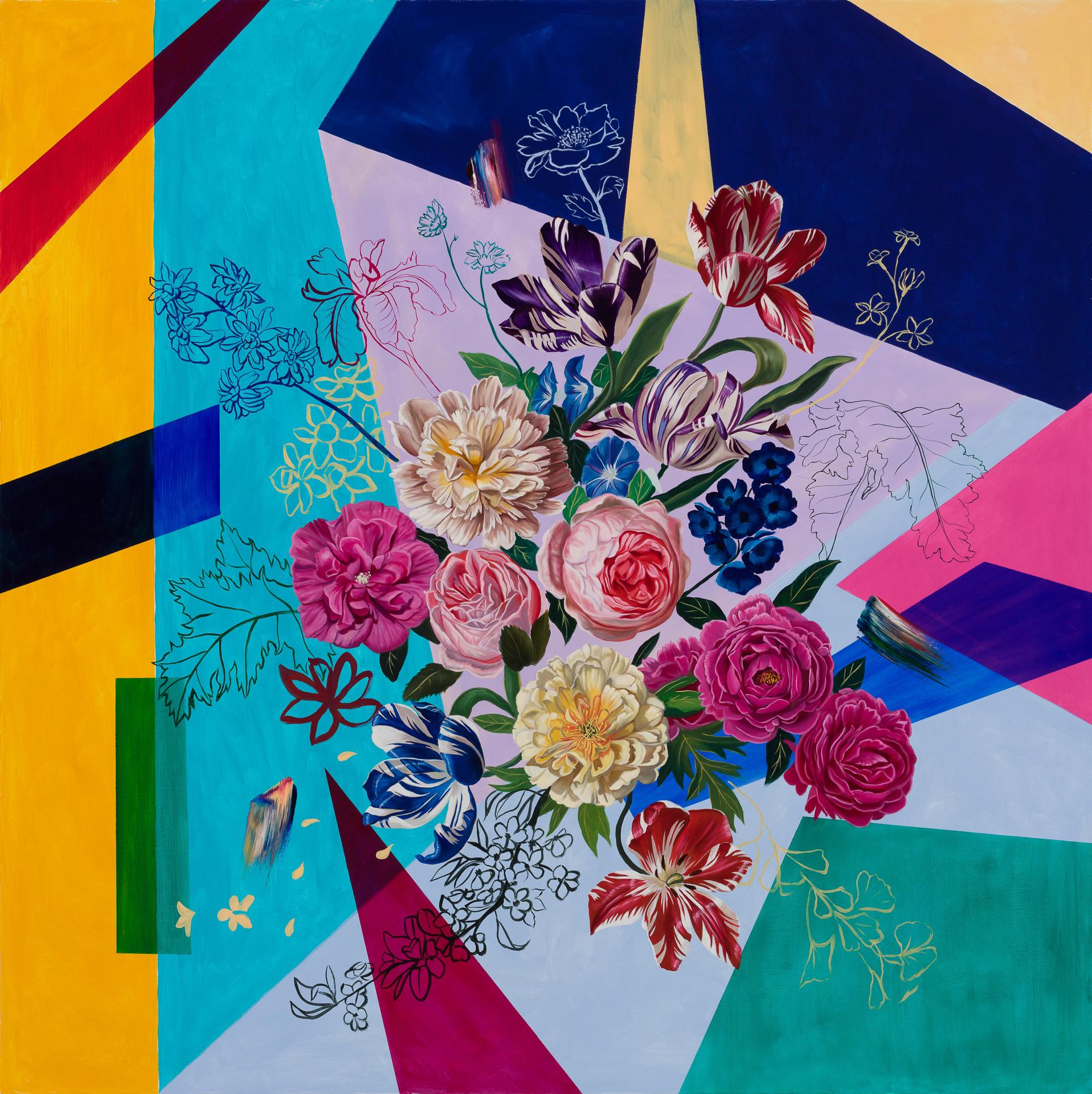 Robin Hextrum Still-Life Painting - "Dance of Geometry with Petals, " Oil Painting
