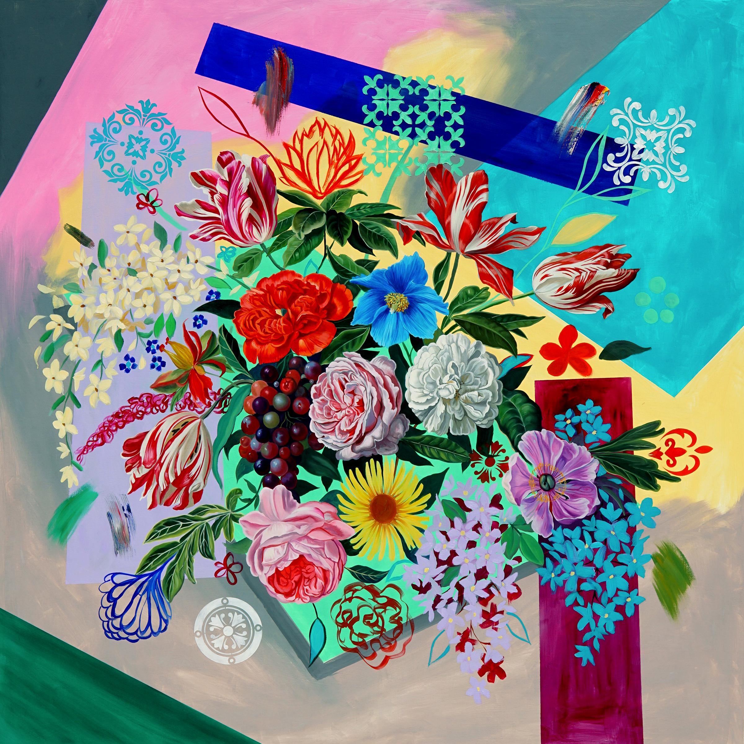 Robin Hextrum Still-Life Painting - "Flowers Emerging From Another Dimension, " Oil Painting