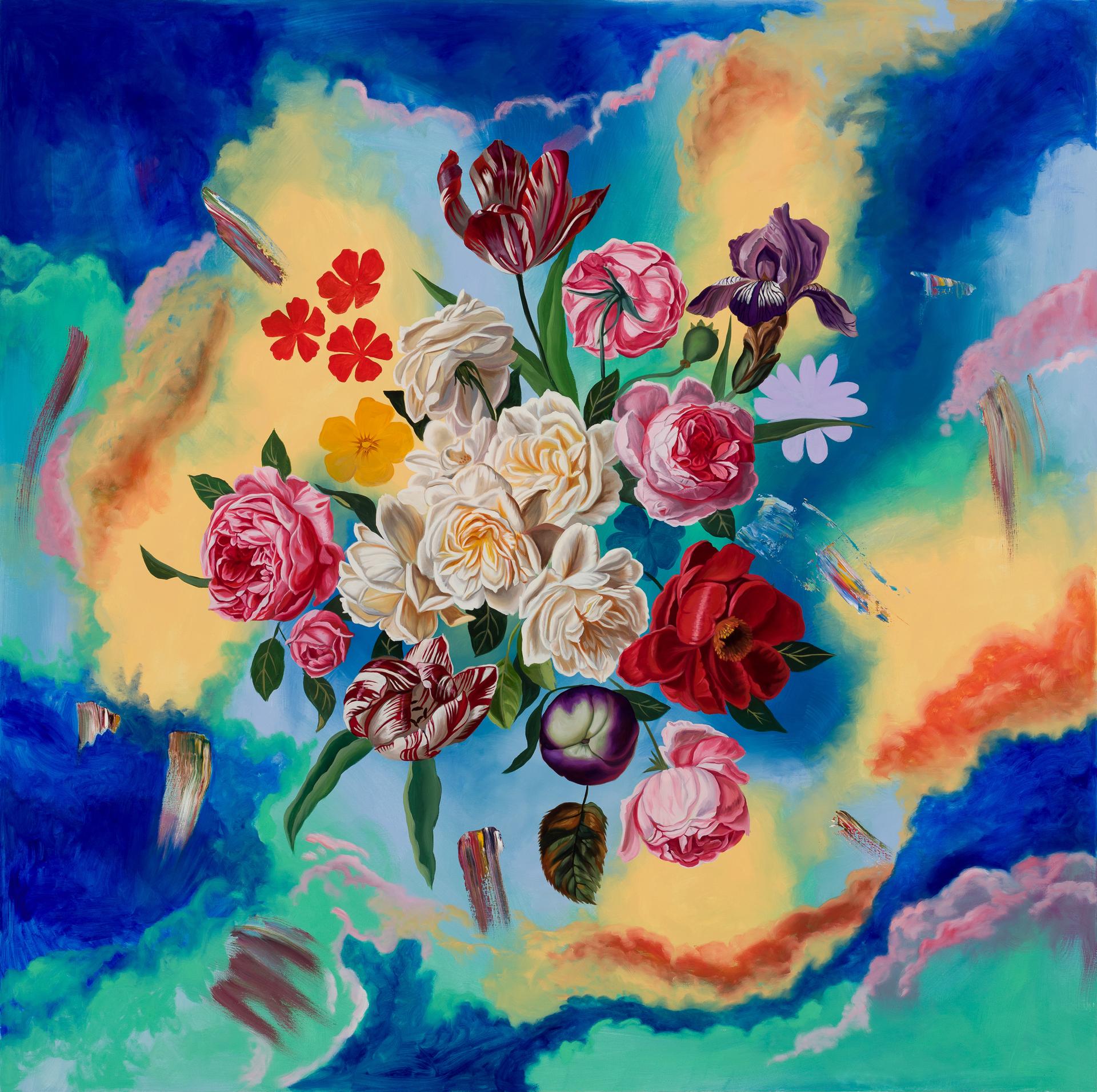 Robin Hextrum Figurative Painting - "Flowers Floating in Chromatic Clouds, " Oil Painting