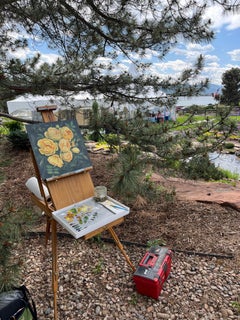 "Goldener Kreis" (2024) Original Ölgemälde auf Tafel, Gelbe Rosen