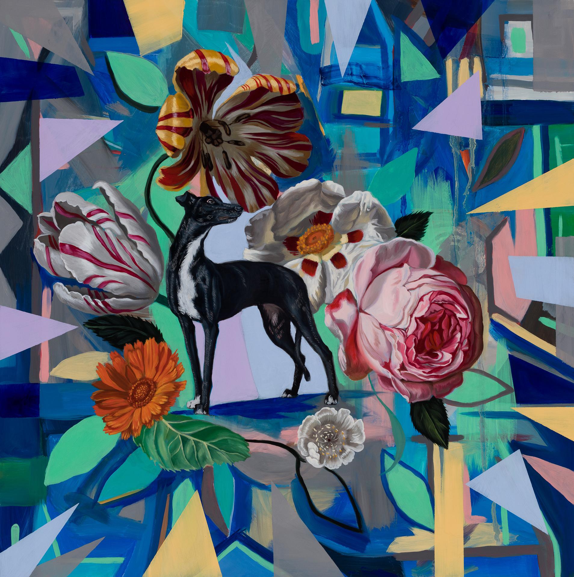 Robin Hextrum Animal Painting - "Greyhound with Flowers and Geometry, " Oil Painting