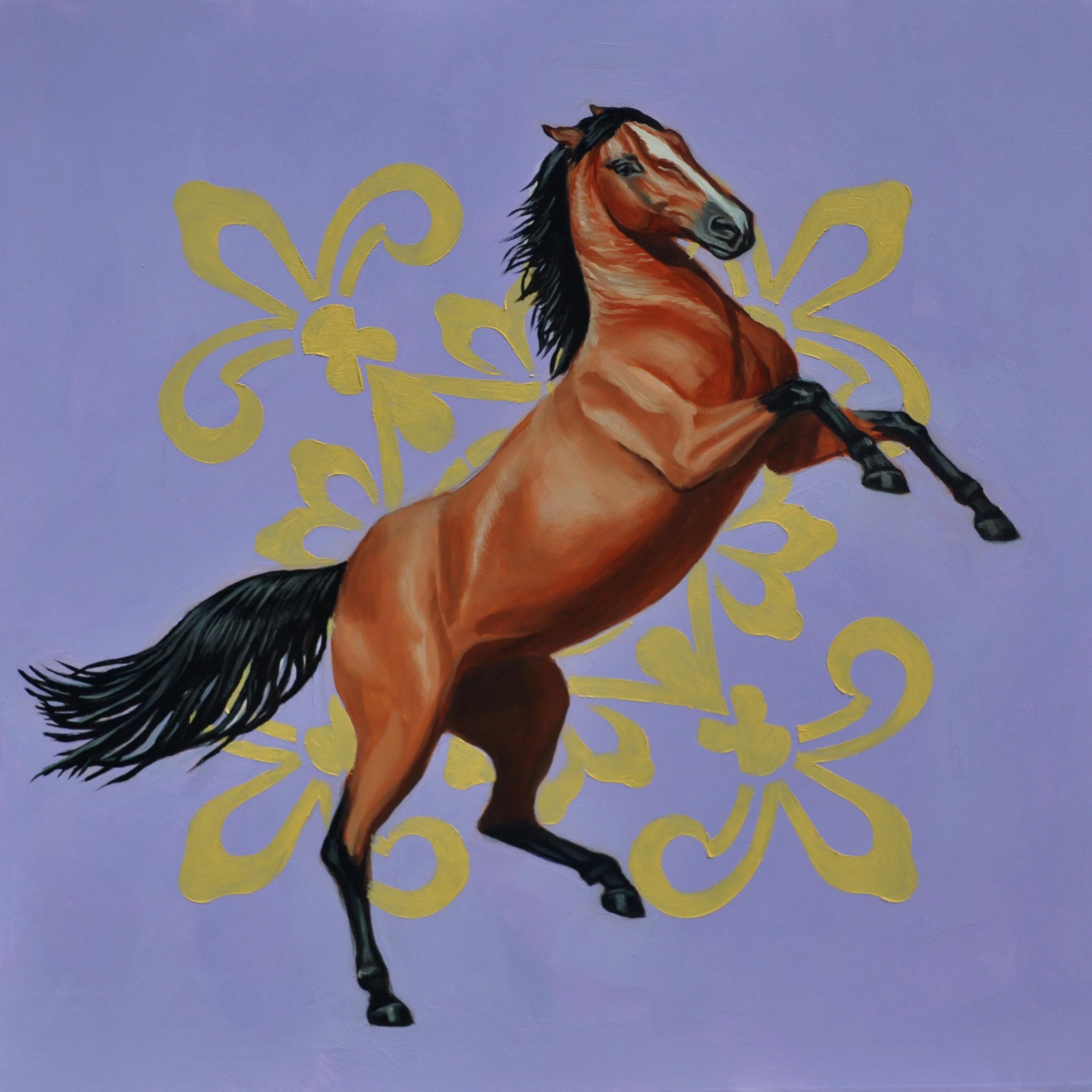 Robin Hextrum Animal Painting - "Leaping Horse on Purple Background, " Oil Painting