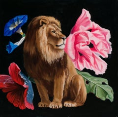"Lion with Flowers, " Oil Painting